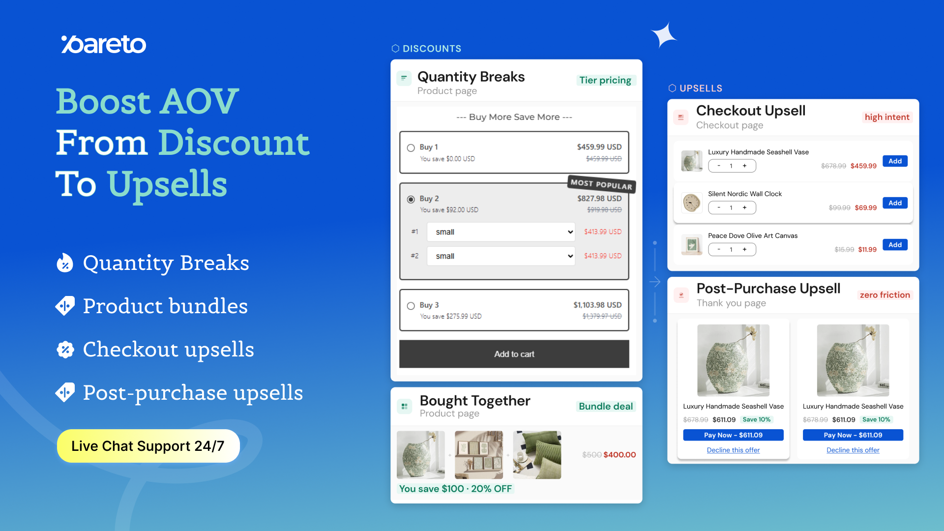 Boost your AOV with quantity breaks, product bundles, checkout upsell, and post-purchase offers. Easy to set up. Works on every step of the buyer journey.