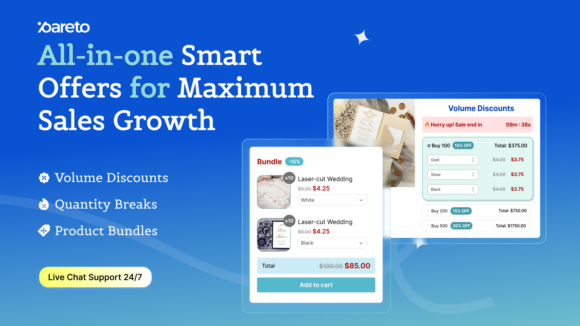 Encourage larger purchases by offering tiered pricing based on quantity. Easily create and manage quantity break discounts to reward bulk buyers and enhance the shopping experience.