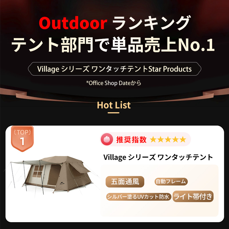 [予約販売]Naturehike Village13 ワンタッチ テント 3-6人用 UVカード 13㎡ 広いスペース 四季兼用