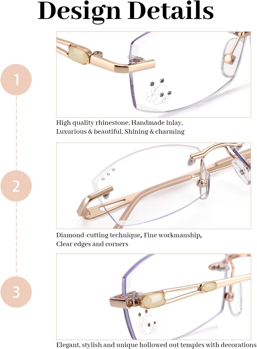 LUFF Rimless Reading Glasses for Women,Stylish Blue Light Blocking Computer Readers,Anti Eyestrain Frameless Lens diamond