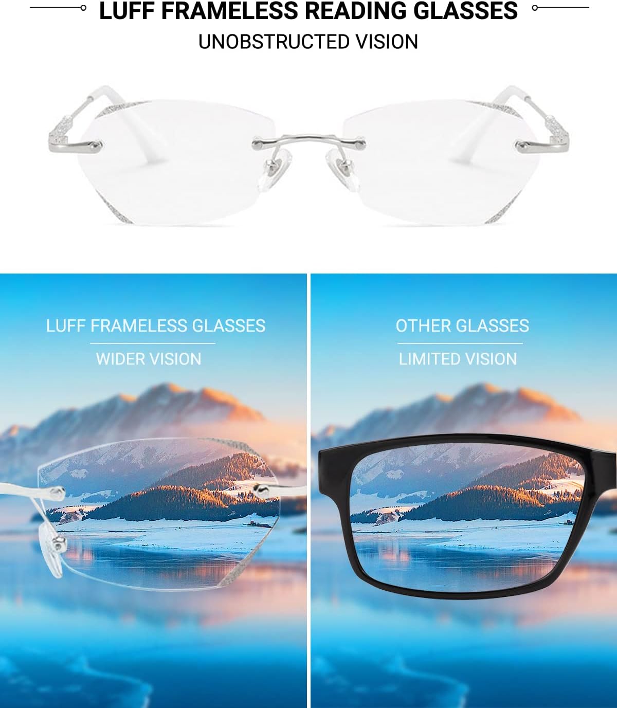 LUFF Rimless Reading Glasses for Women,Fashion Lightweight Anti Blue Light Readers Classic Metal Comfortable Frame glasses