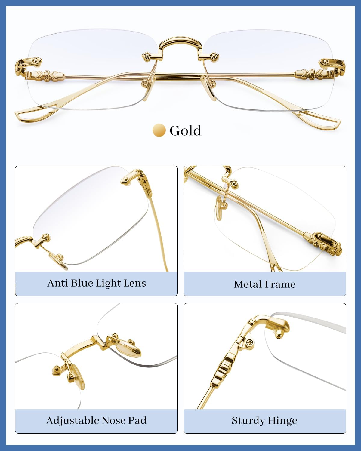 LUFF Reading Glasses Men Women,Rimless Mens Readers Blue Light Metal Computer Eyeglasses Anti-Eyestrain/Dryness/Glare(0.6oz)