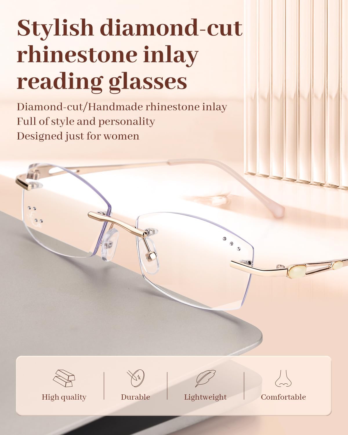 LUFF Rimless Reading Glasses for Women,Stylish Blue Light Blocking Computer Readers,Anti Eyestrain Frameless Lens diamond