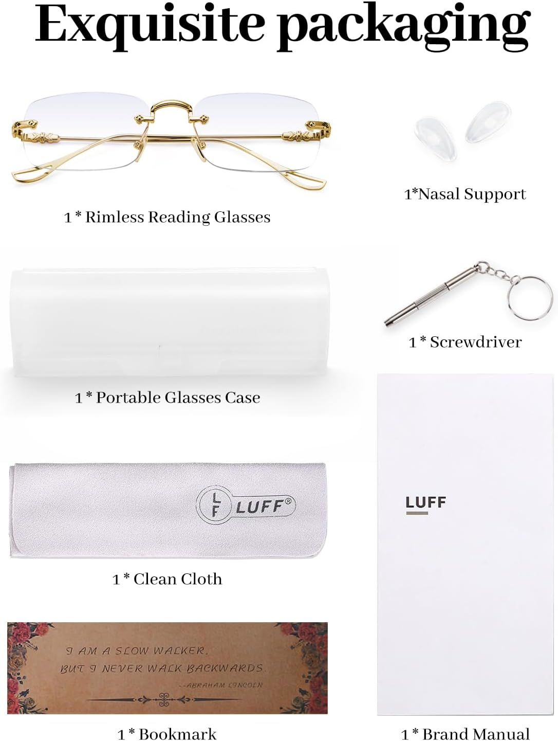 LUFF Reading Glasses Men Women,Rimless Mens Readers Blue Light Metal Computer Eyeglasses Anti-Eyestrain/Dryness/Glare(0.6oz)