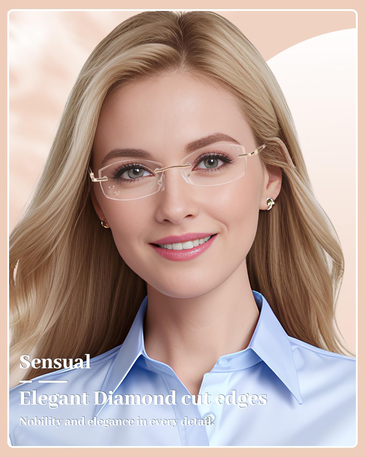 LUFF Rimless Reading Glasses for Women,Stylish Blue Light Blocking Computer Readers,Anti Eyestrain Frameless Lens diamond