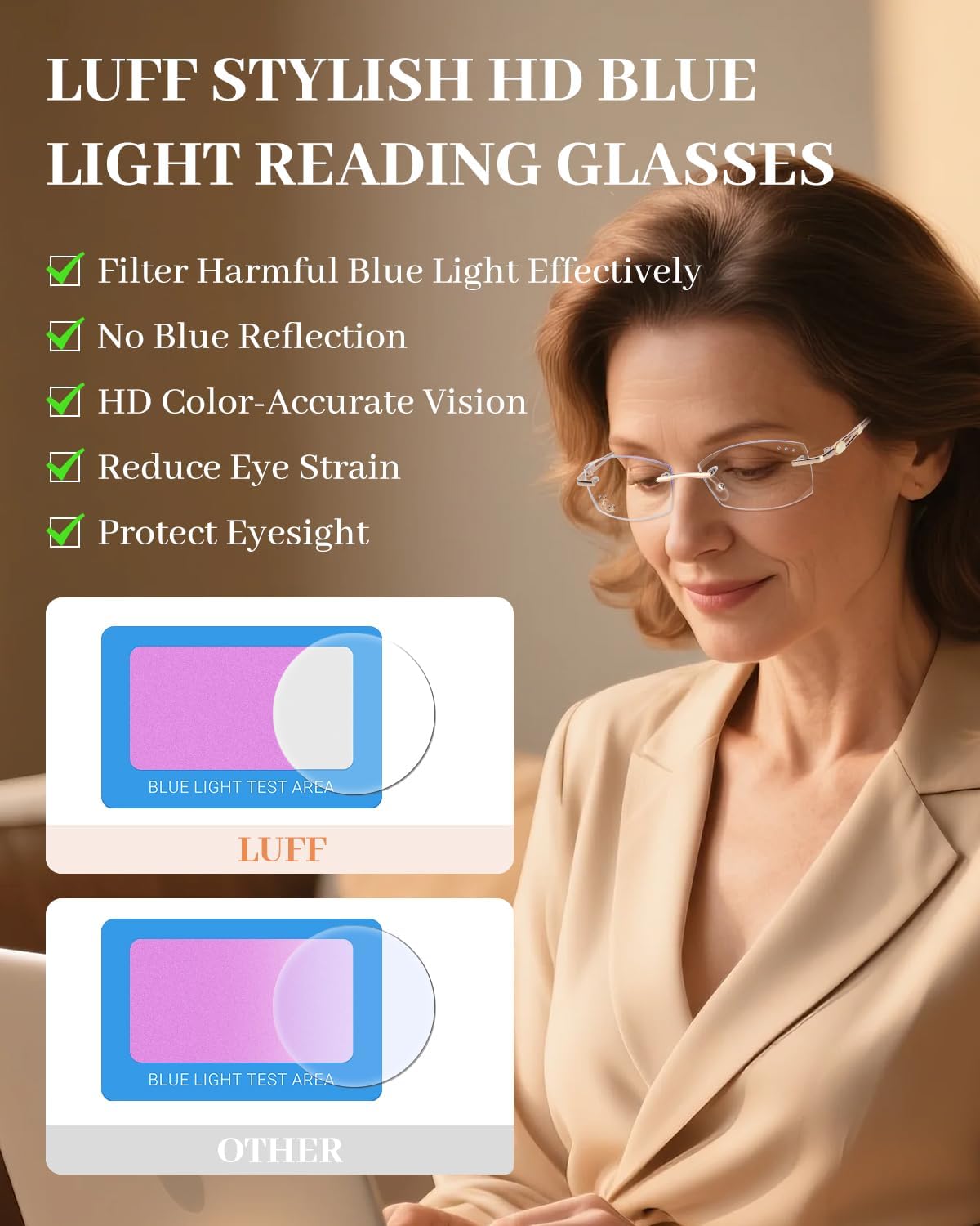 LUFF Rimless Reading Glasses for Women,Stylish Blue Light Blocking Computer Readers,Anti Eyestrain Frameless Lens diamond
