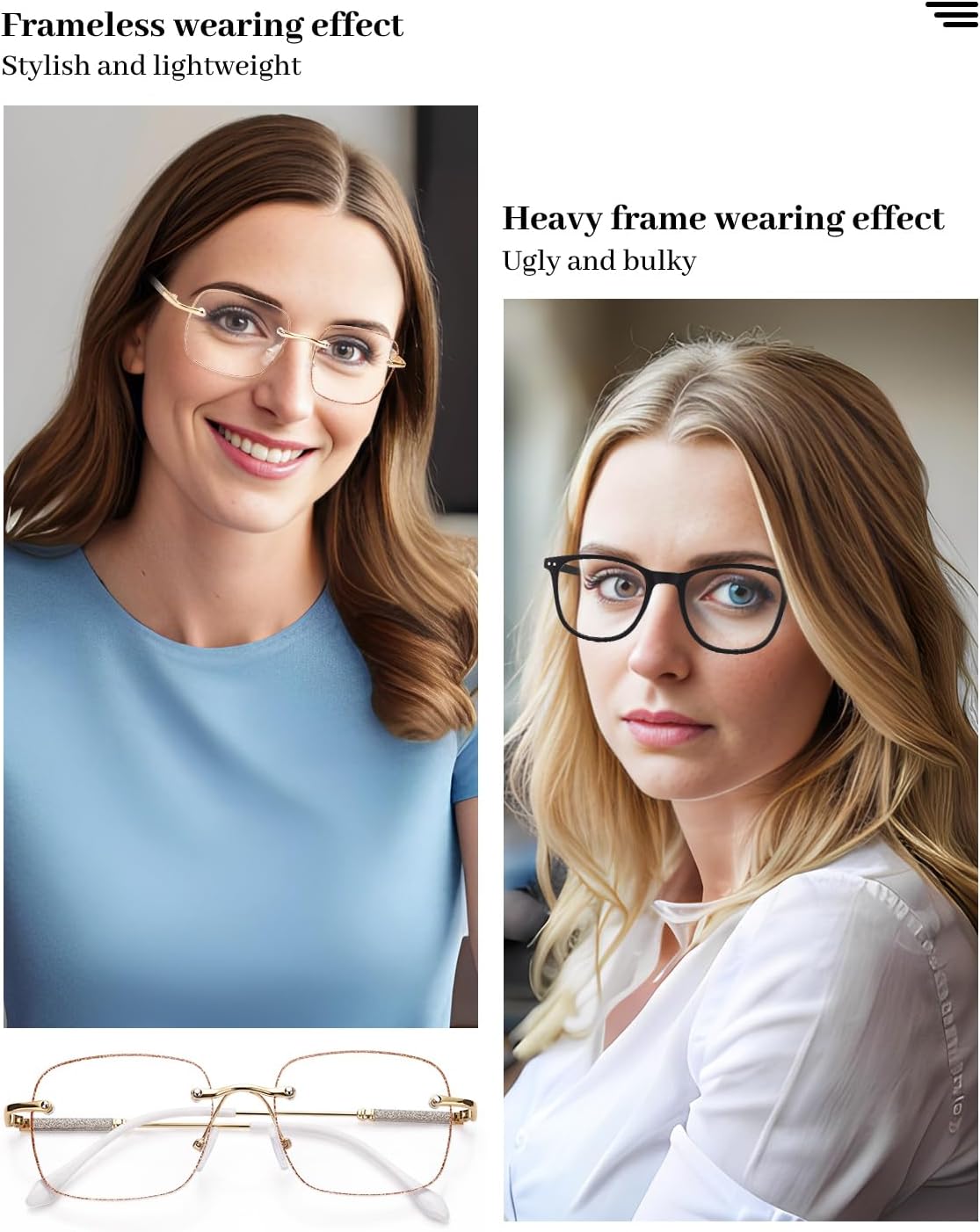 LUFF Rimless Reading Glasses for Women Blue Light Blocking,Fashion Metal Computer Readers,Frameless Eyeglasses Anti Eyestrain