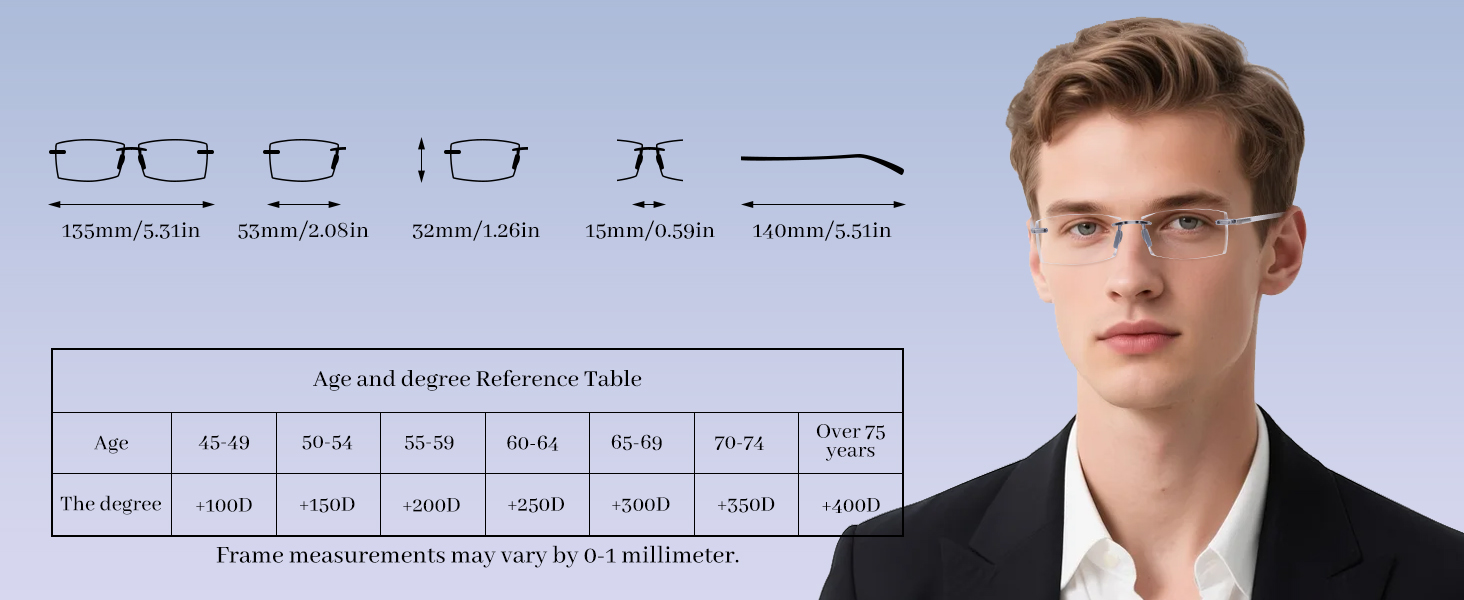 Size chart Rimless Reading Glasses Men Blue Light Blocking Computer Readers