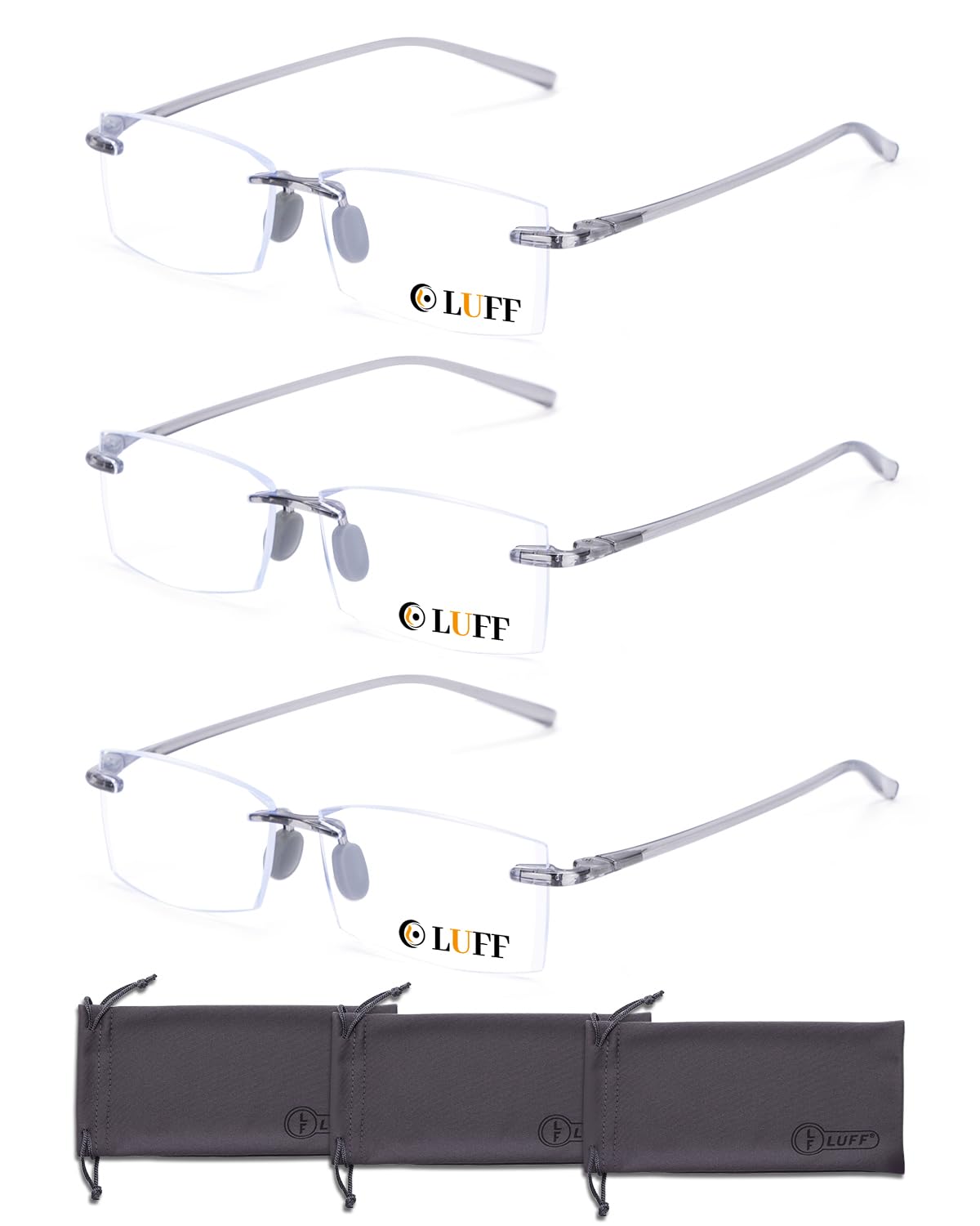 LUFF 3 Pack Rimless Reading Glasses Men Women- Comfortable Frameless Reader Lightweight TR90 Blue Light Blocking Eyeglasses