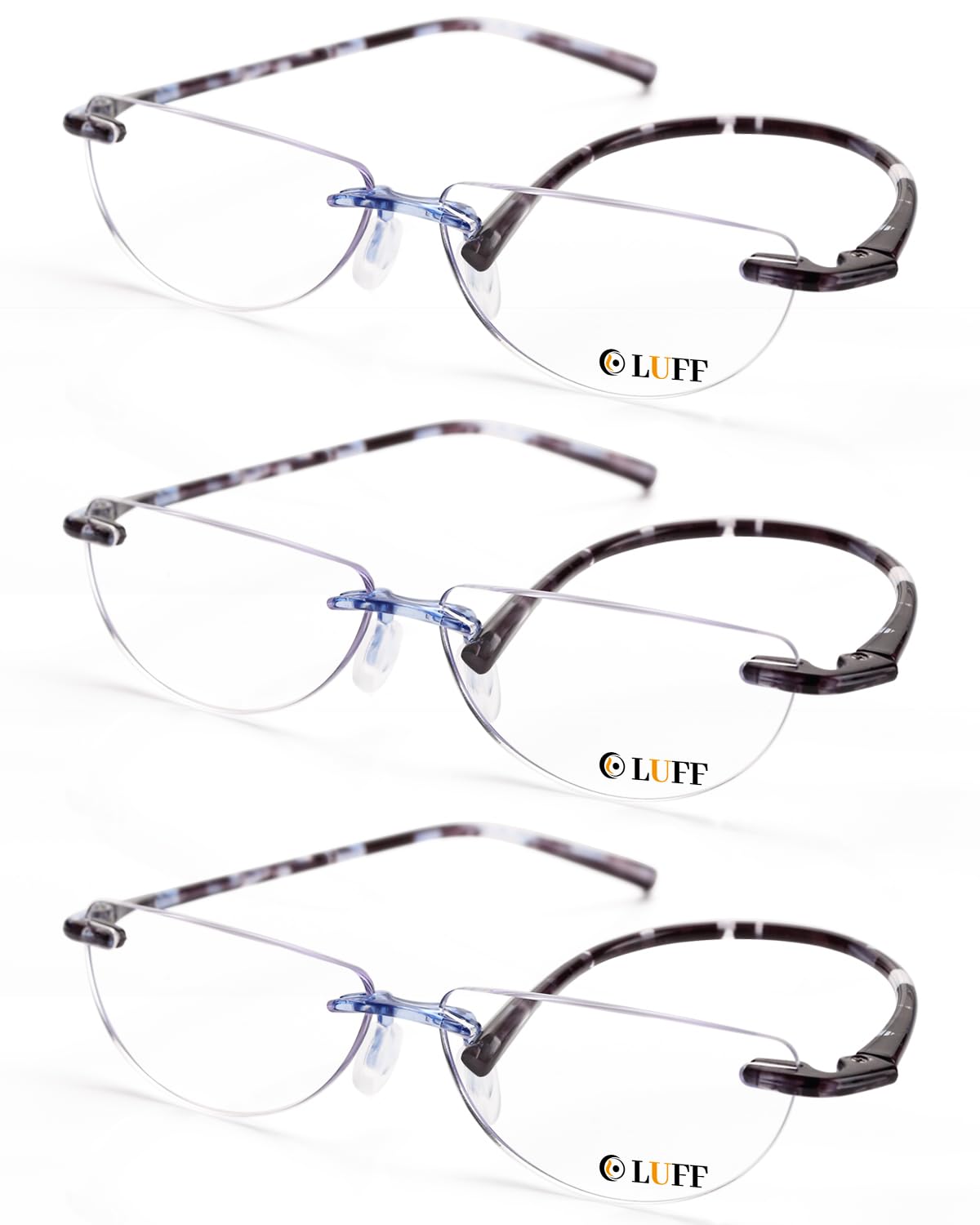 LUFF 3 Pack Half Reading Glasses for Women and Men Rimless Blue Light Reading Glasses Lightweight Half Moon Readers