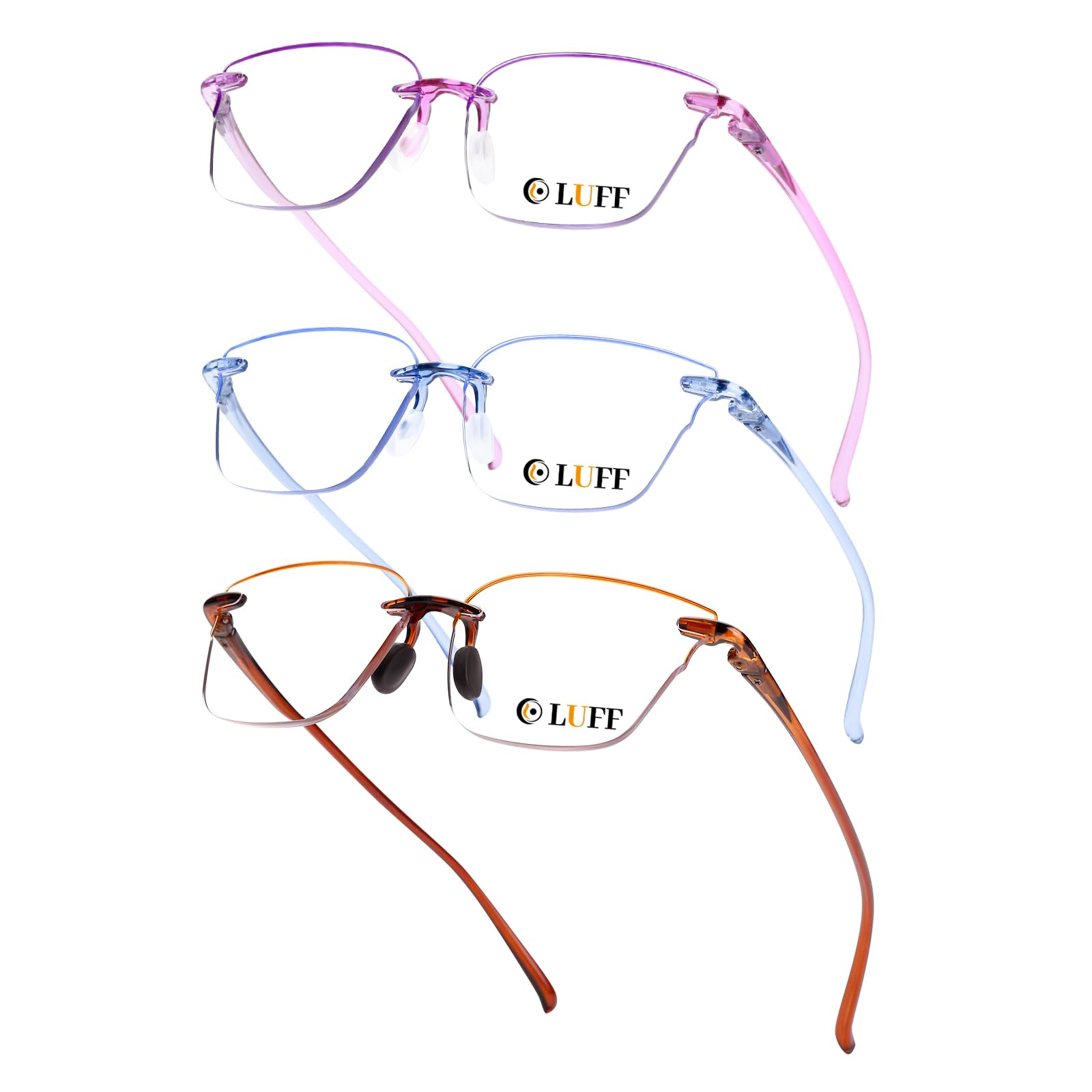LUFF Cat-Eye Blue-Light Reading Glasses for Women, 3-Pack - Rimless Lightweight Comfort readers Integrated Silicone Nose Pads