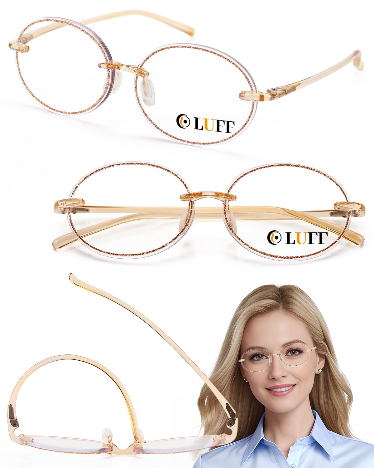 LUFF Reading Glasses for Women Men,3Pack Stylish Reader Glasses Blue Light Rimless Computer Reader Lightweight Anti Eyestrain