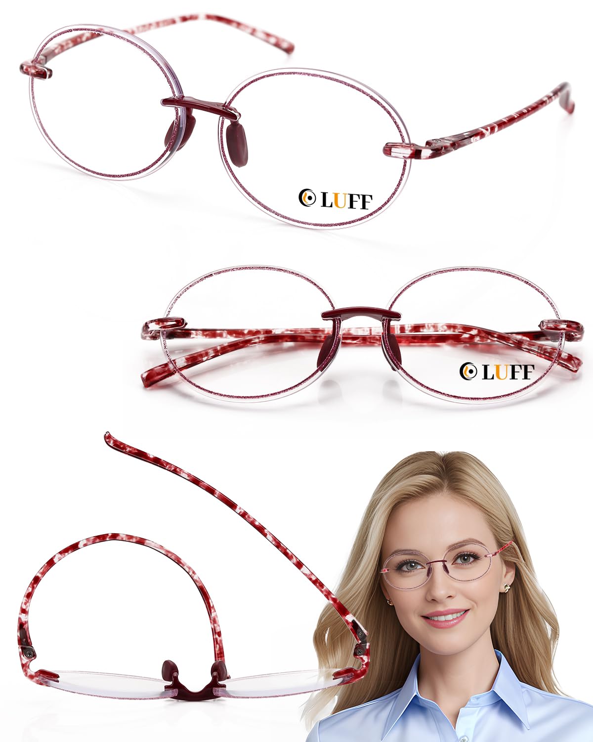 LUFF Reading Glasses for Women Men,3Pack Stylish Reader Glasses Blue Light Rimless Computer Reader Lightweight Anti Eyestrain