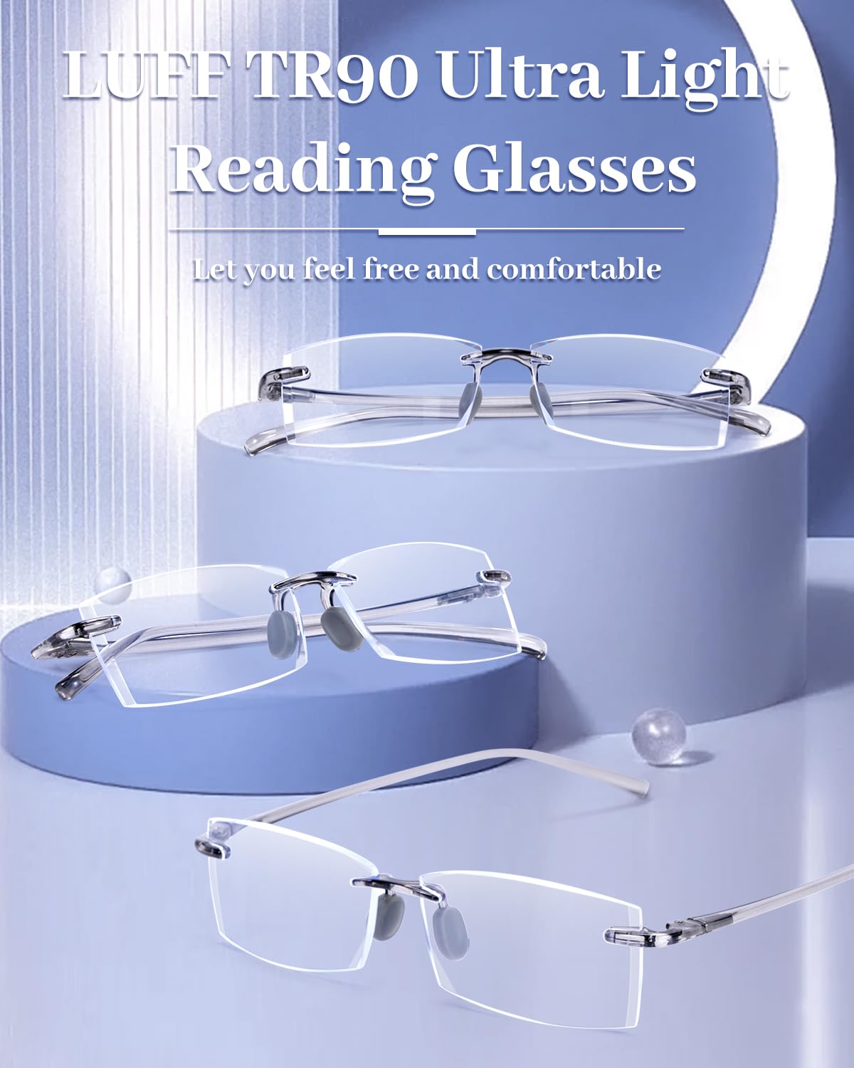 LUFF 3 Pack Rimless Reading Glasses Men Women- Comfortable Frameless Reader Lightweight TR90 Blue Light Blocking Eyeglasses