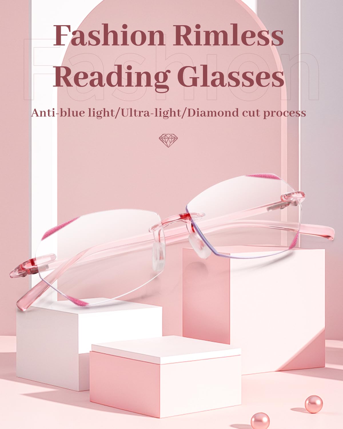 LUFF Rimless Reading Glasses for Women Blue Light Blocking,Stylish Lightweight Frameless Computer Readers Anti Eyestrain