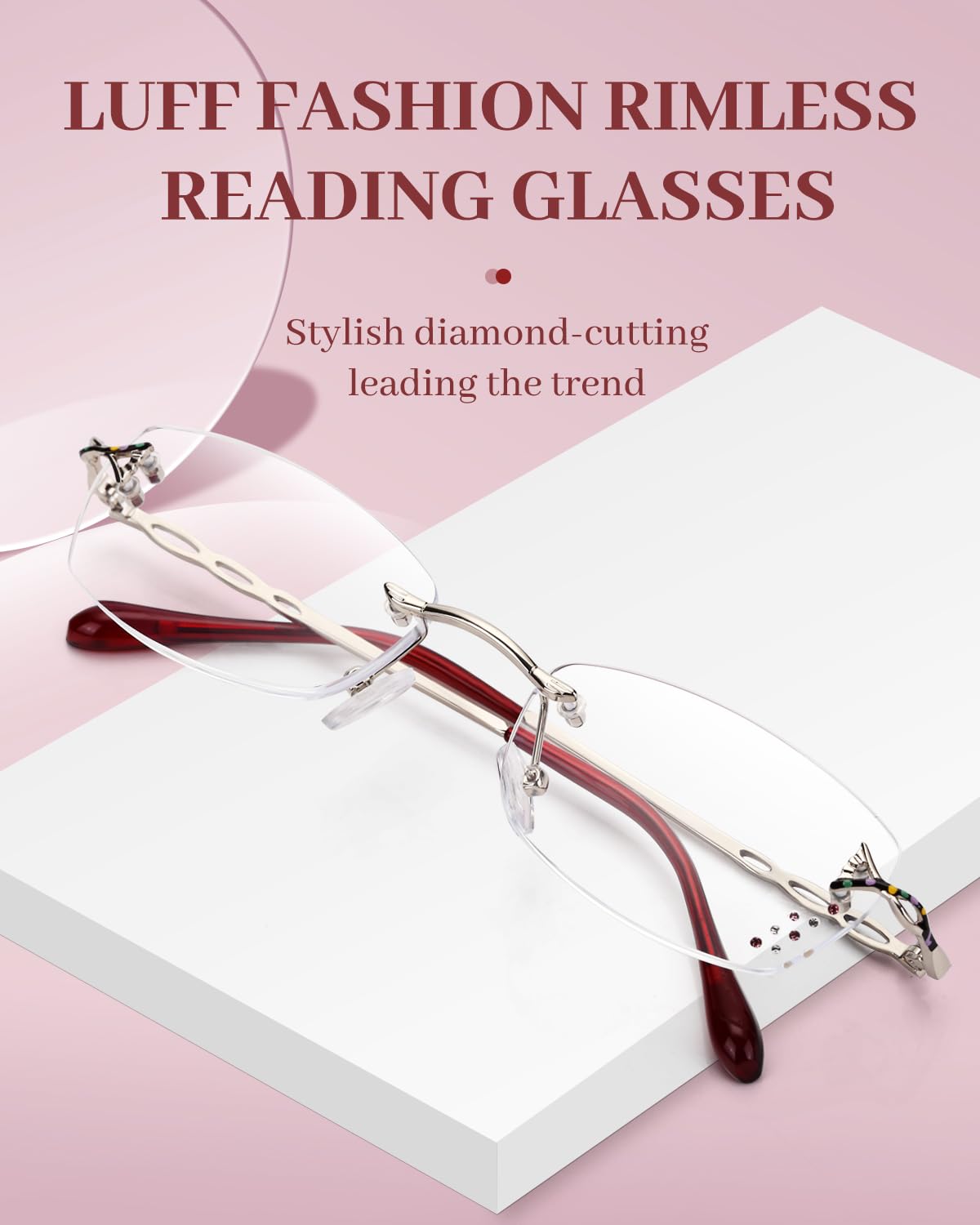 LUFF Rimless Reading Glasses for Women, Fashion Diamond Cutting Frameless Glasses,Stylish Ultra-light Metal Frameless
