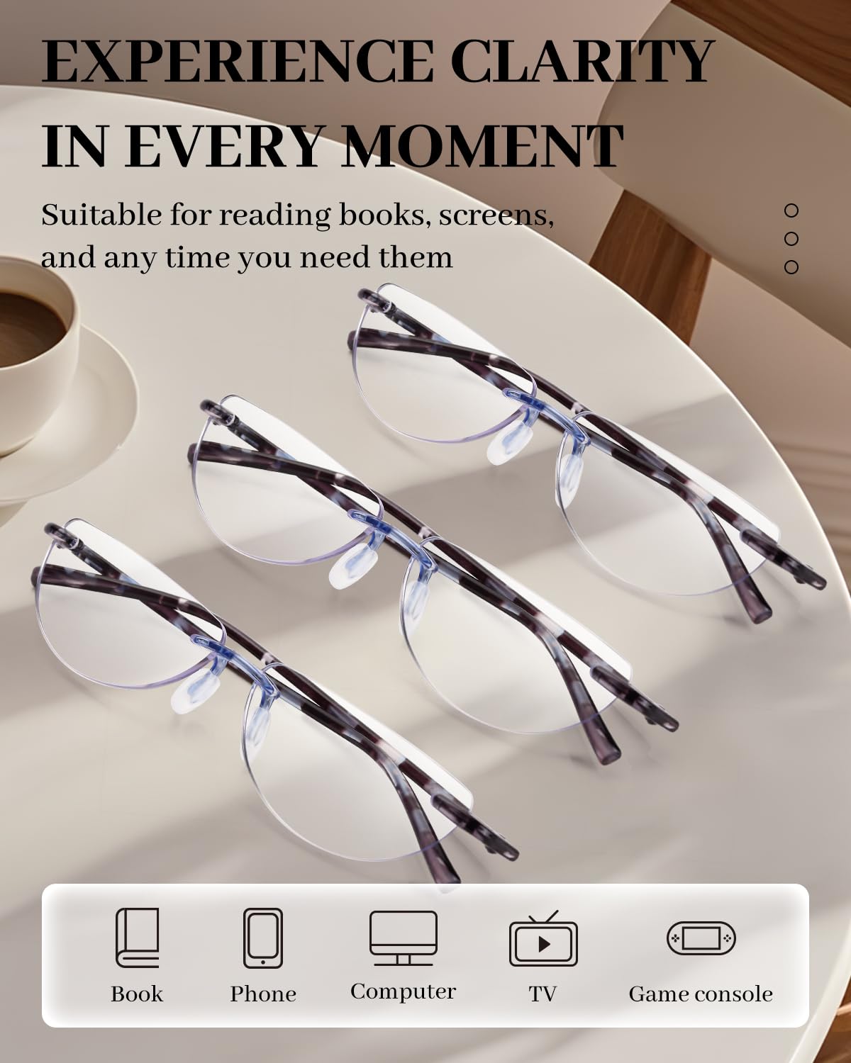 LUFF 3 Pack Half Reading Glasses for Women and Men Rimless Blue Light Reading Glasses Lightweight Half Moon Readers