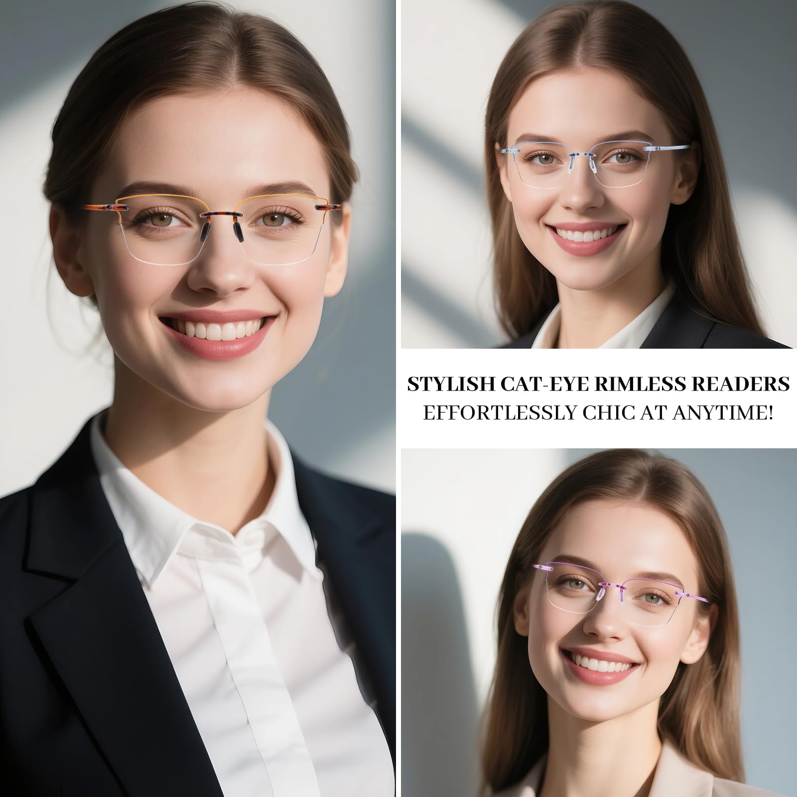 LUFF Cat-Eye Blue-Light Reading Glasses for Women, 3-Pack - Rimless Lightweight Comfort readers Integrated Silicone Nose Pads