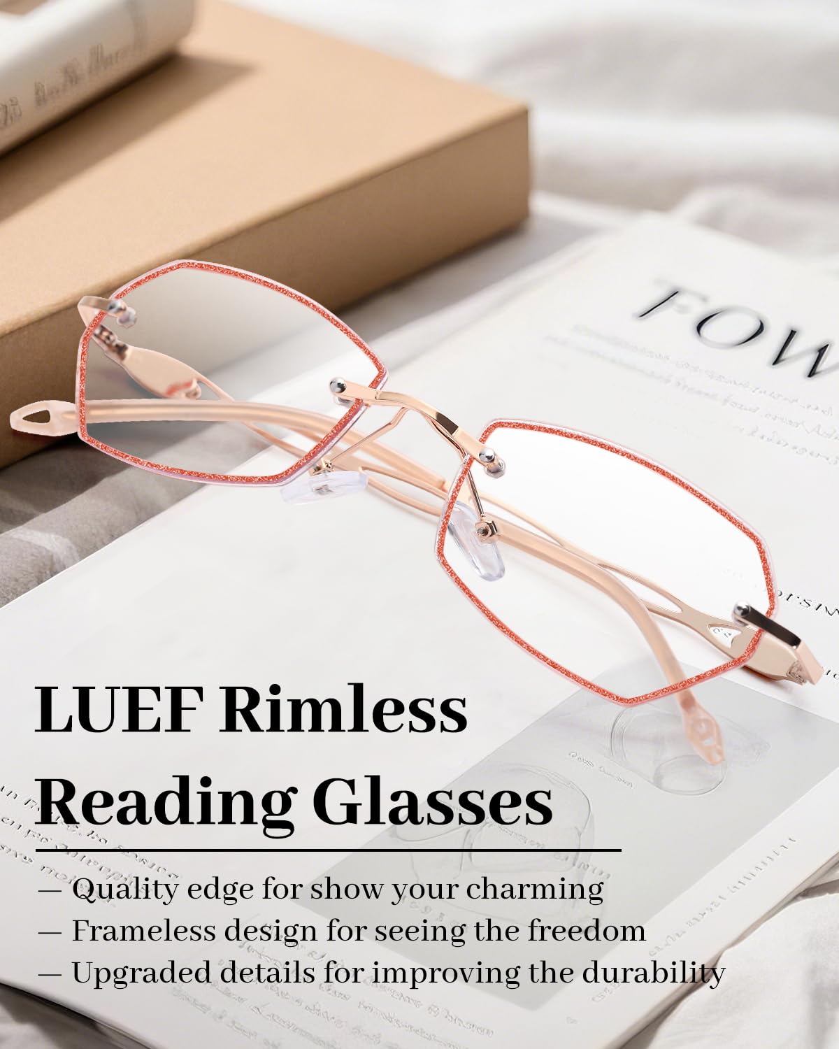 LUFF Rimless Reading Glasses for women men Blue light blocking lightweight metal classic computer readers Anti Eyestrain