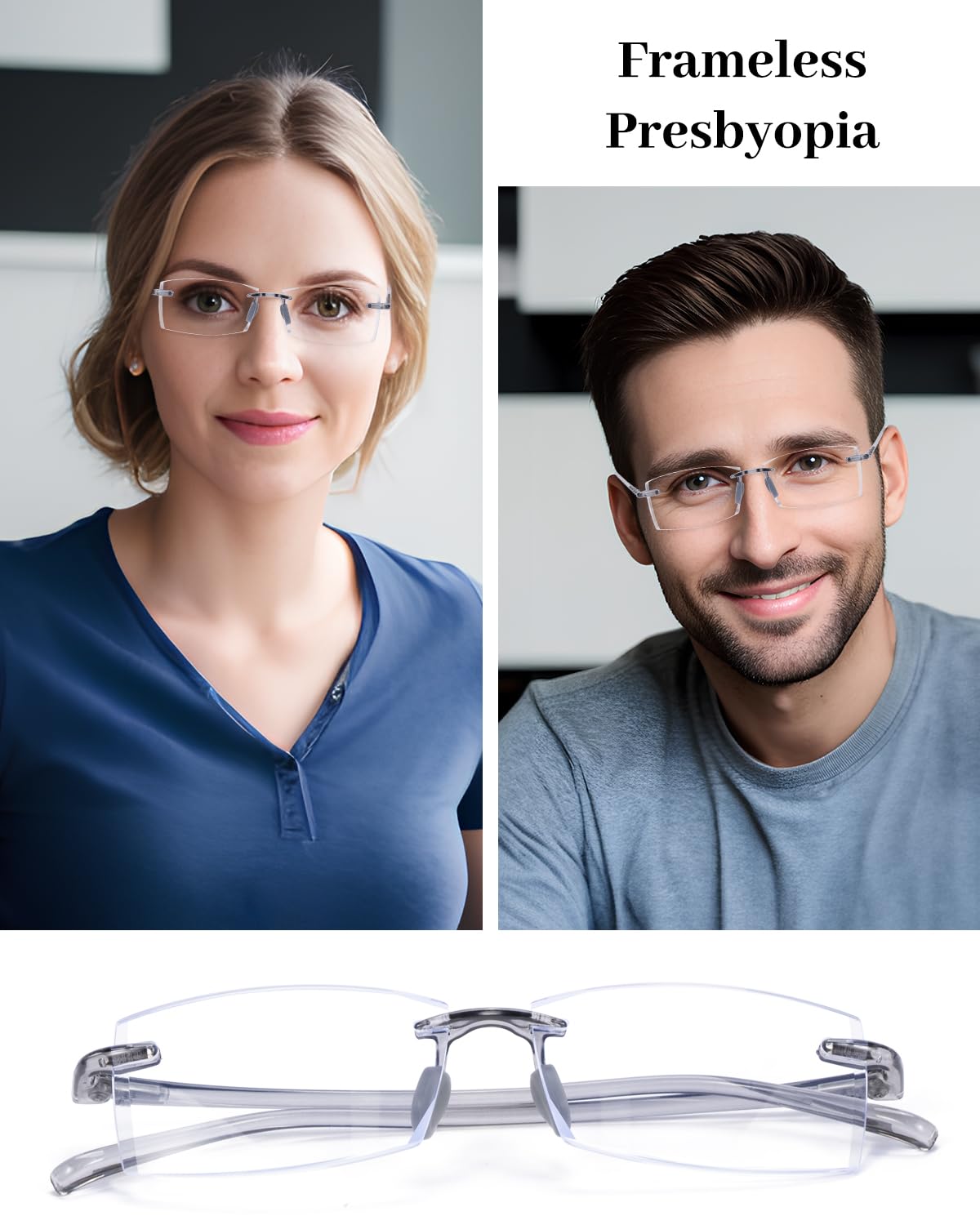 LUFF 3 Pack Rimless Reading Glasses Men Women- Comfortable Frameless Reader Lightweight TR90 Blue Light Blocking Eyeglasses