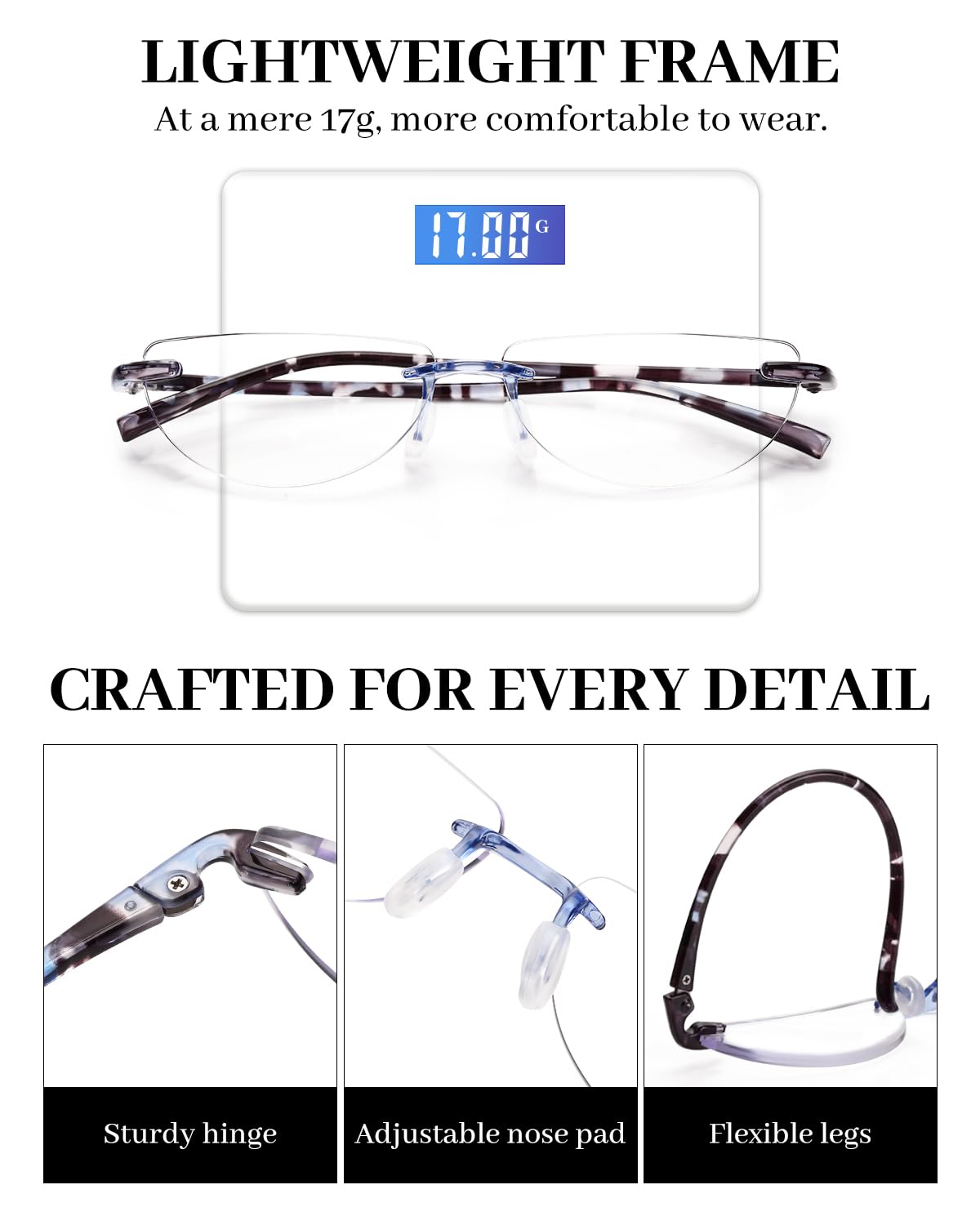 LUFF 3 Pack Half Reading Glasses for Women and Men Rimless Blue Light Reading Glasses Lightweight Half Moon Readers