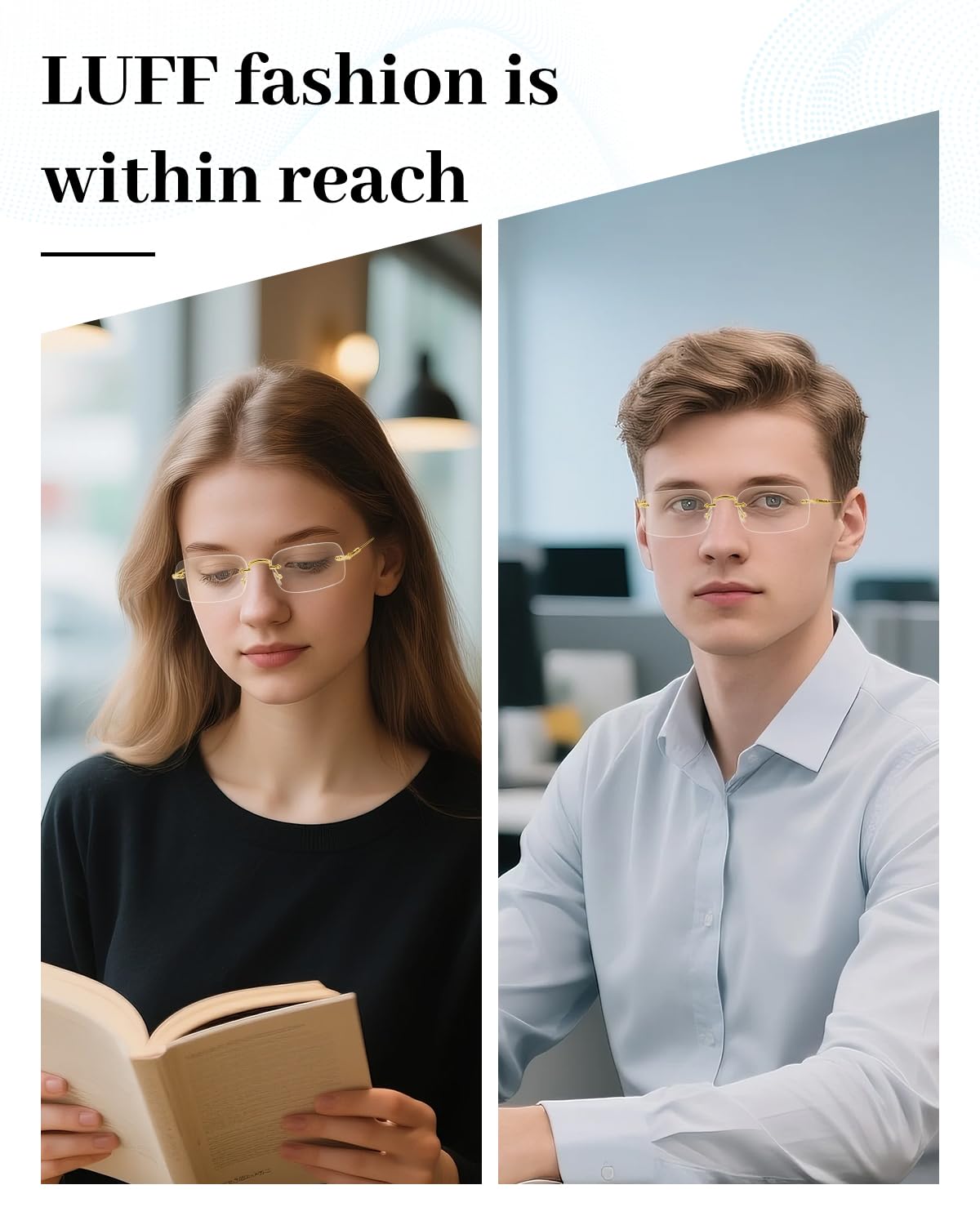 LUFF Reading Glasses Men Women,Rimless Mens Readers Blue Light Metal Computer Eyeglasses Anti-Eyestrain/Dryness/Glare(0.6oz)