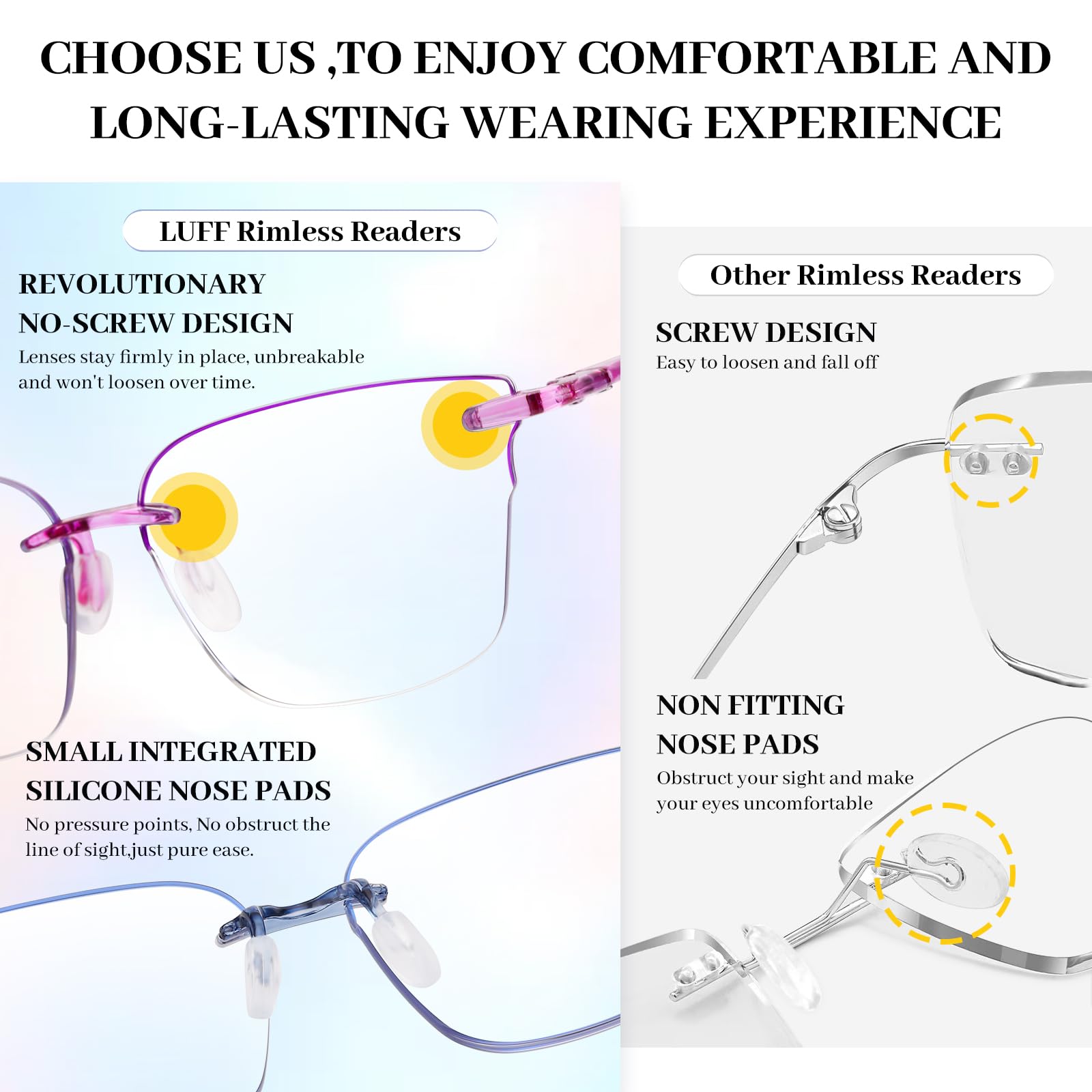 LUFF Cat-Eye Blue-Light Reading Glasses for Women, 3-Pack - Rimless Lightweight Comfort readers Integrated Silicone Nose Pads