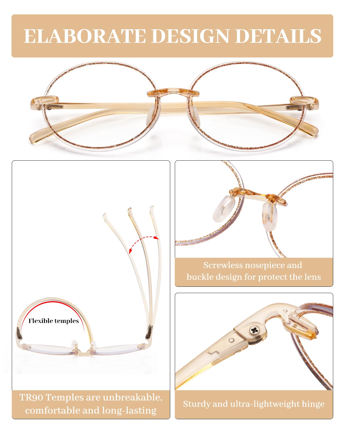 LUFF Reading Glasses for Women Men,3Pack Stylish Reader Glasses Blue Light Rimless Computer Reader Lightweight Anti Eyestrain