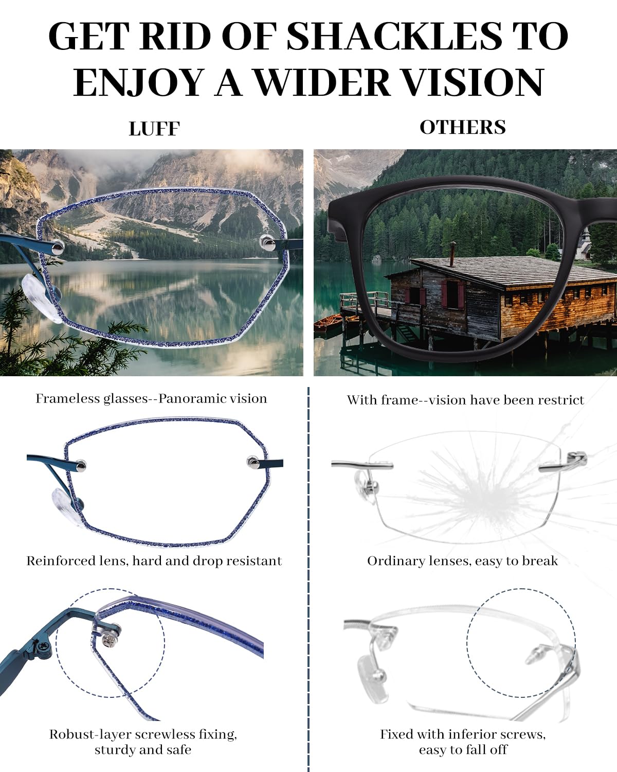 LUFF Rimless Reading Glasses for women men Blue light blocking lightweight metal classic computer readers Anti Eyestrain