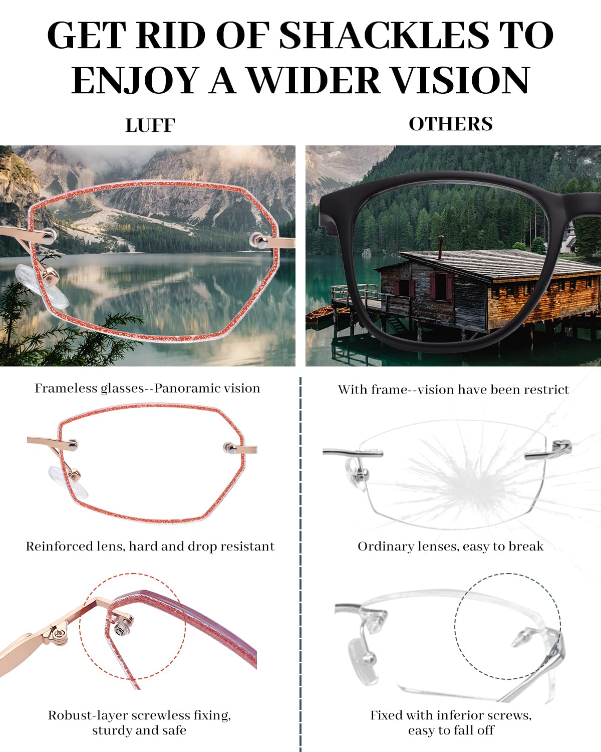LUFF Rimless Reading Glasses for women men Blue light blocking lightweight metal classic computer readers Anti Eyestrain