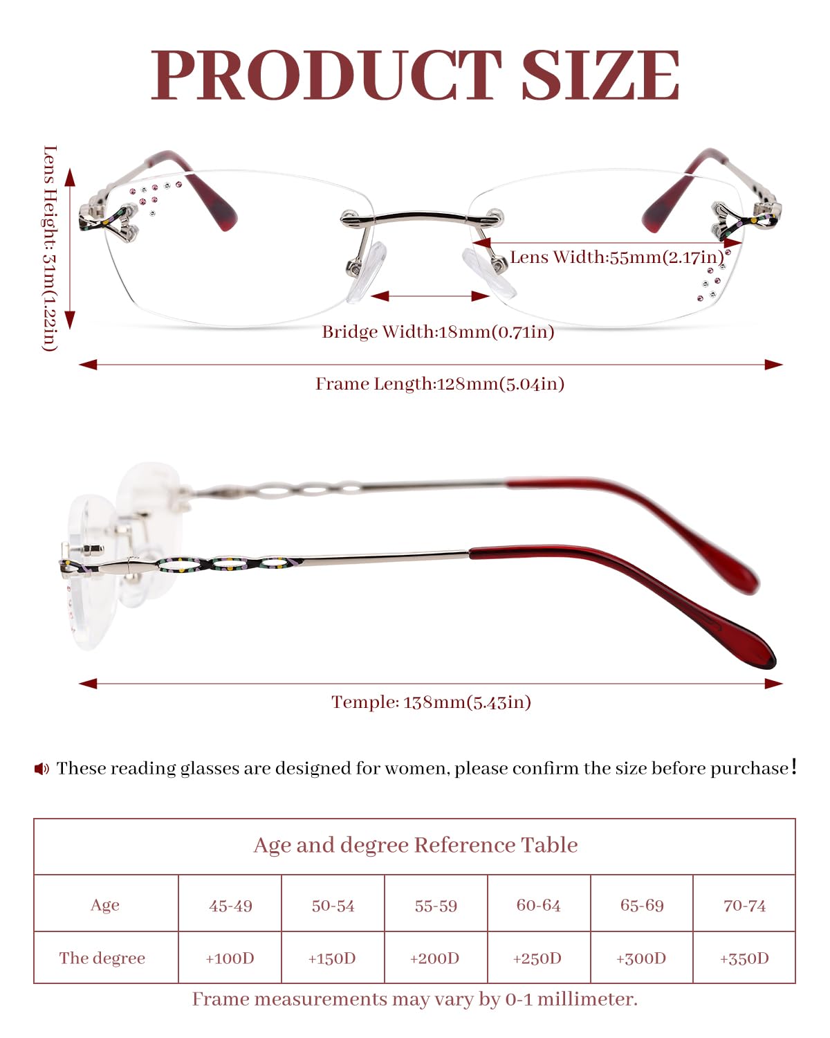 LUFF Rimless Reading Glasses for Women, Fashion Diamond Cutting Frameless Glasses,Stylish Ultra-light Metal Frameless