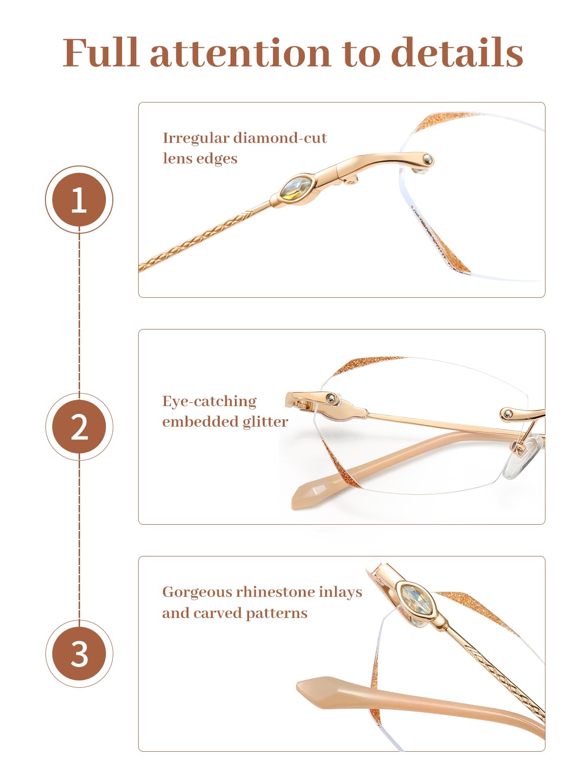 LUFF Rimless Reading Glasses for Women & Men, Lightweight Blue Light Blocking Readers, Anti-Eyestrain Computer Glasses + Case