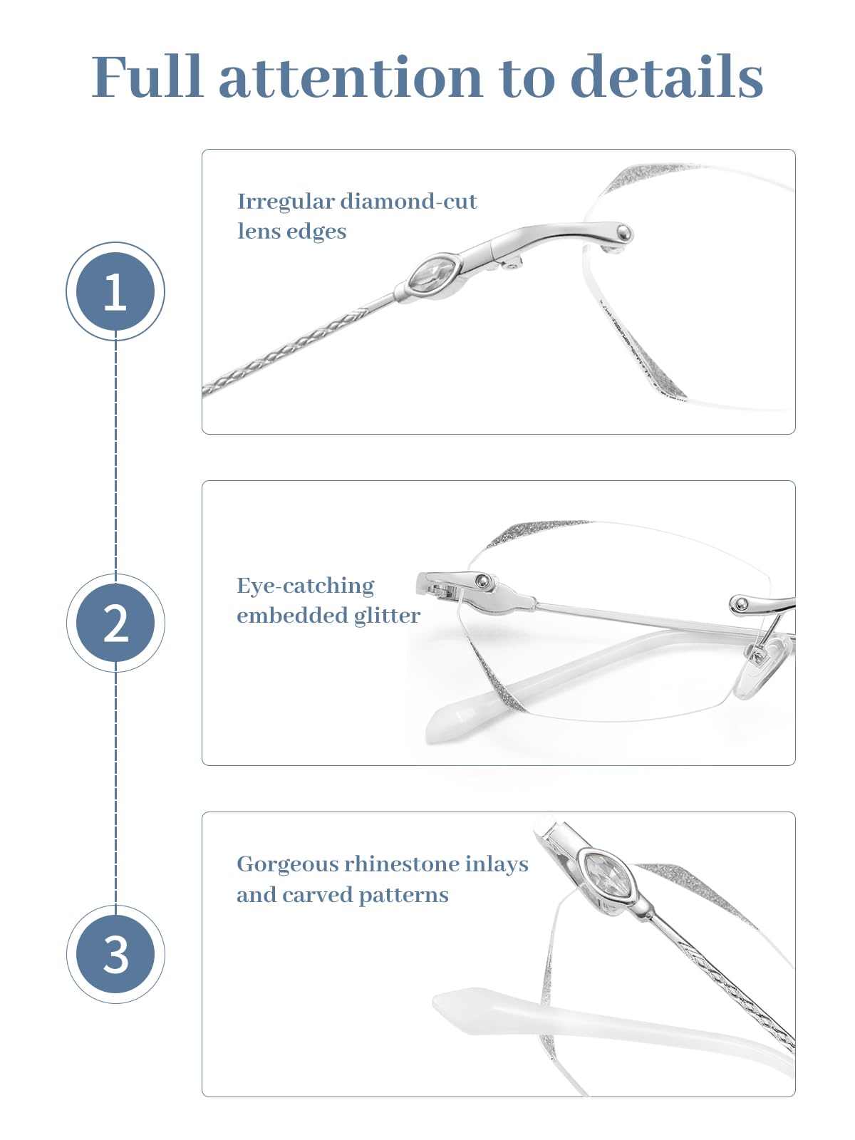 LUFF Rimless Reading Glasses for Women & Men, Lightweight Blue Light Blocking Readers, Anti-Eyestrain Computer Glasses + Case