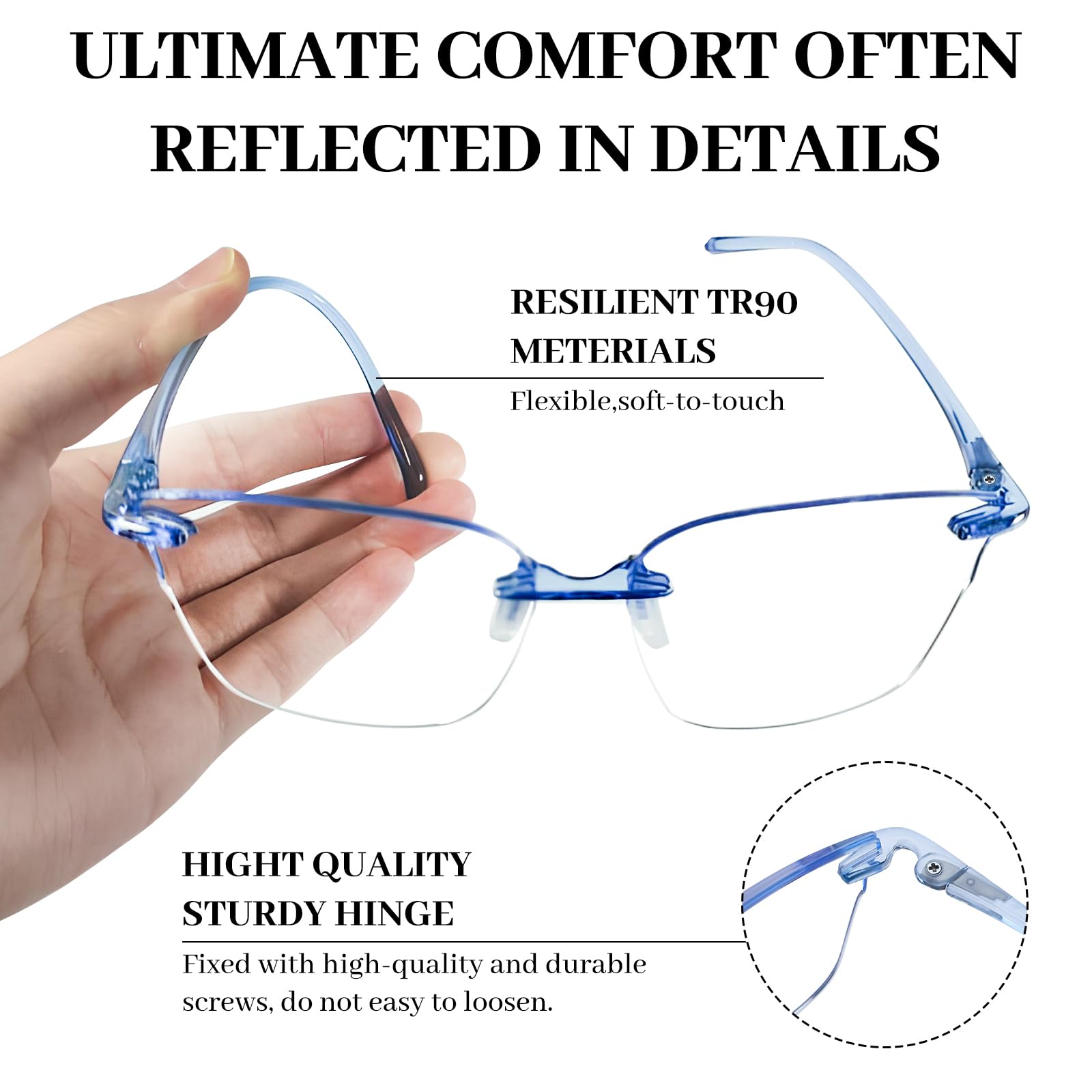 LUFF Cat-Eye Blue-Light Reading Glasses for Women, 3-Pack - Rimless Lightweight Comfort readers Integrated Silicone Nose Pads