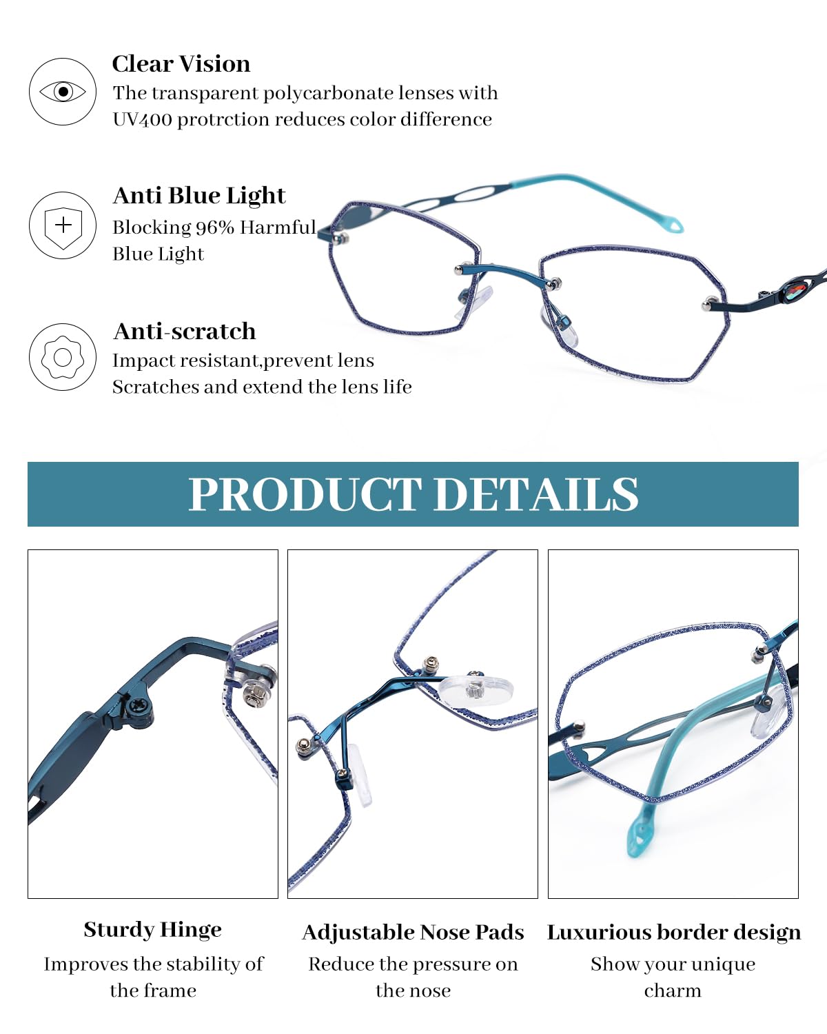 LUFF Rimless Reading Glasses for women men Blue light blocking lightweight metal classic computer readers Anti Eyestrain