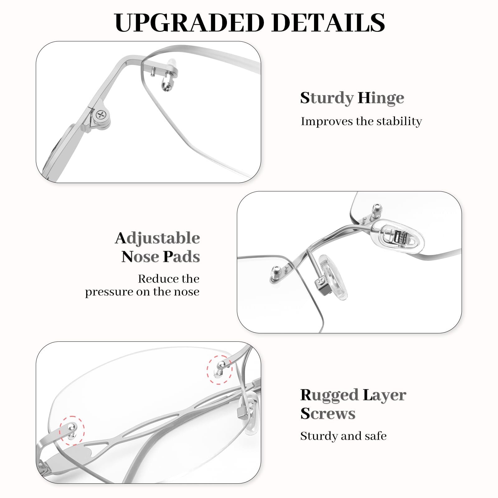 LUFF Rimless Reading Glasses for women men Blue light blocking lightweight metal classic computer readers Anti Eyestrain