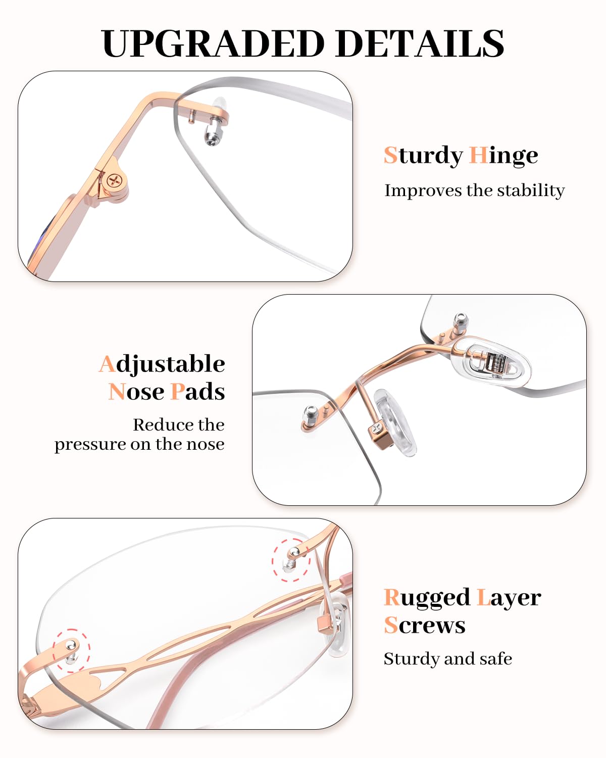 LUFF Rimless Reading Glasses for women men Blue light blocking lightweight metal classic computer readers Anti Eyestrain