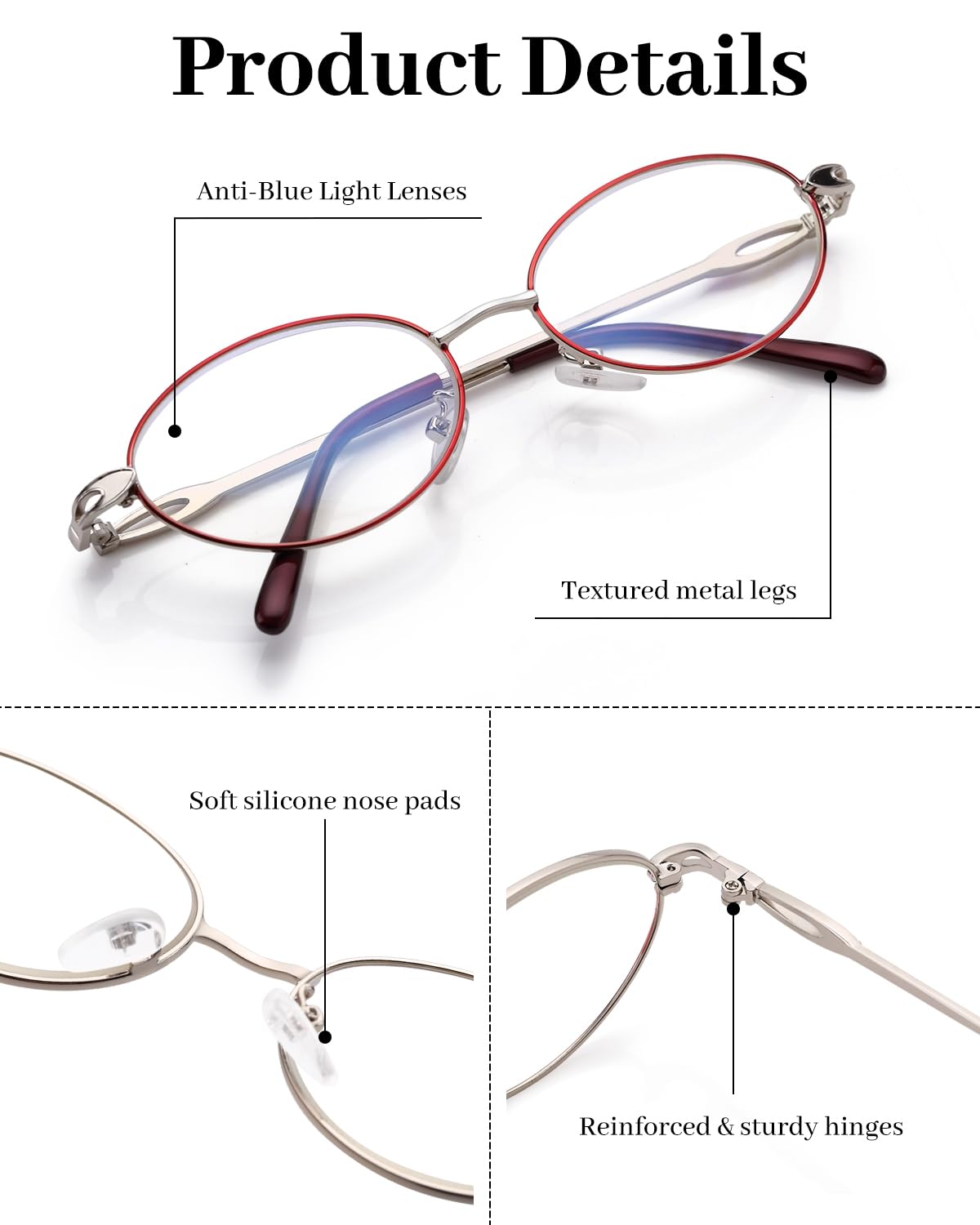 LUFF 3 Pack Reading Glasses for Women Blue Light Blocking Computer Readers Stylish Oval Metal Wire Frame Eyeglasses