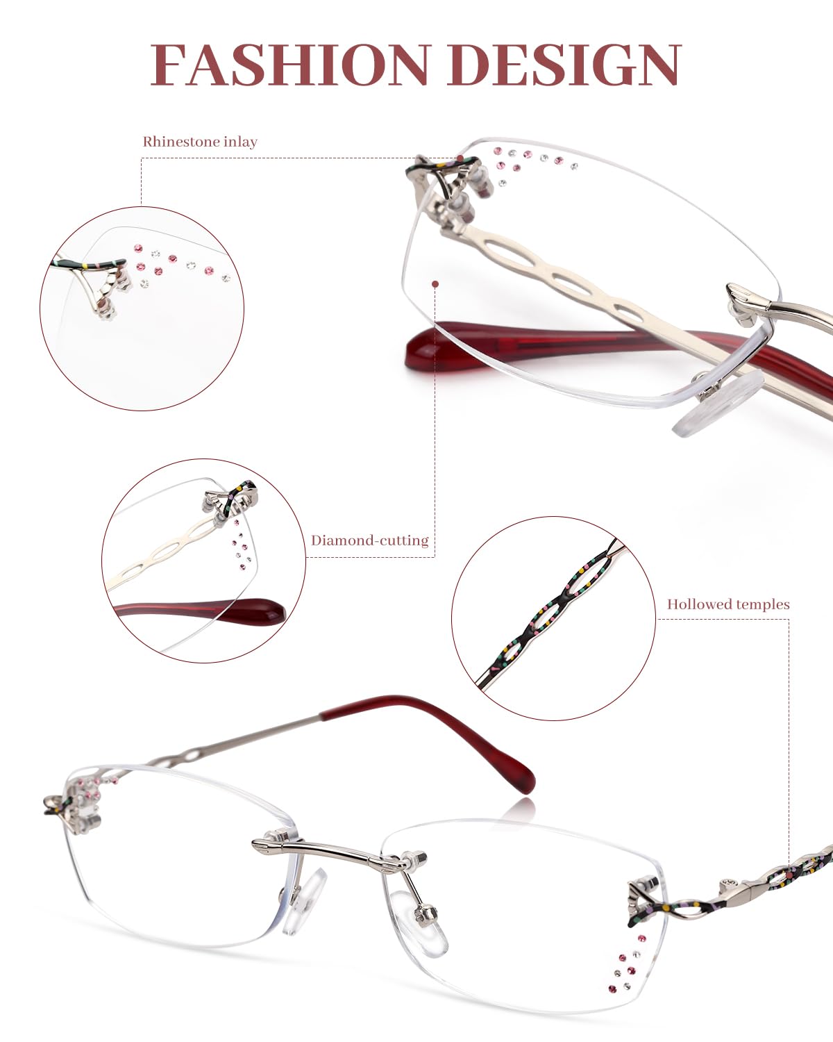 LUFF Rimless Reading Glasses for Women, Fashion Diamond Cutting Frameless Glasses,Stylish Ultra-light Metal Frameless