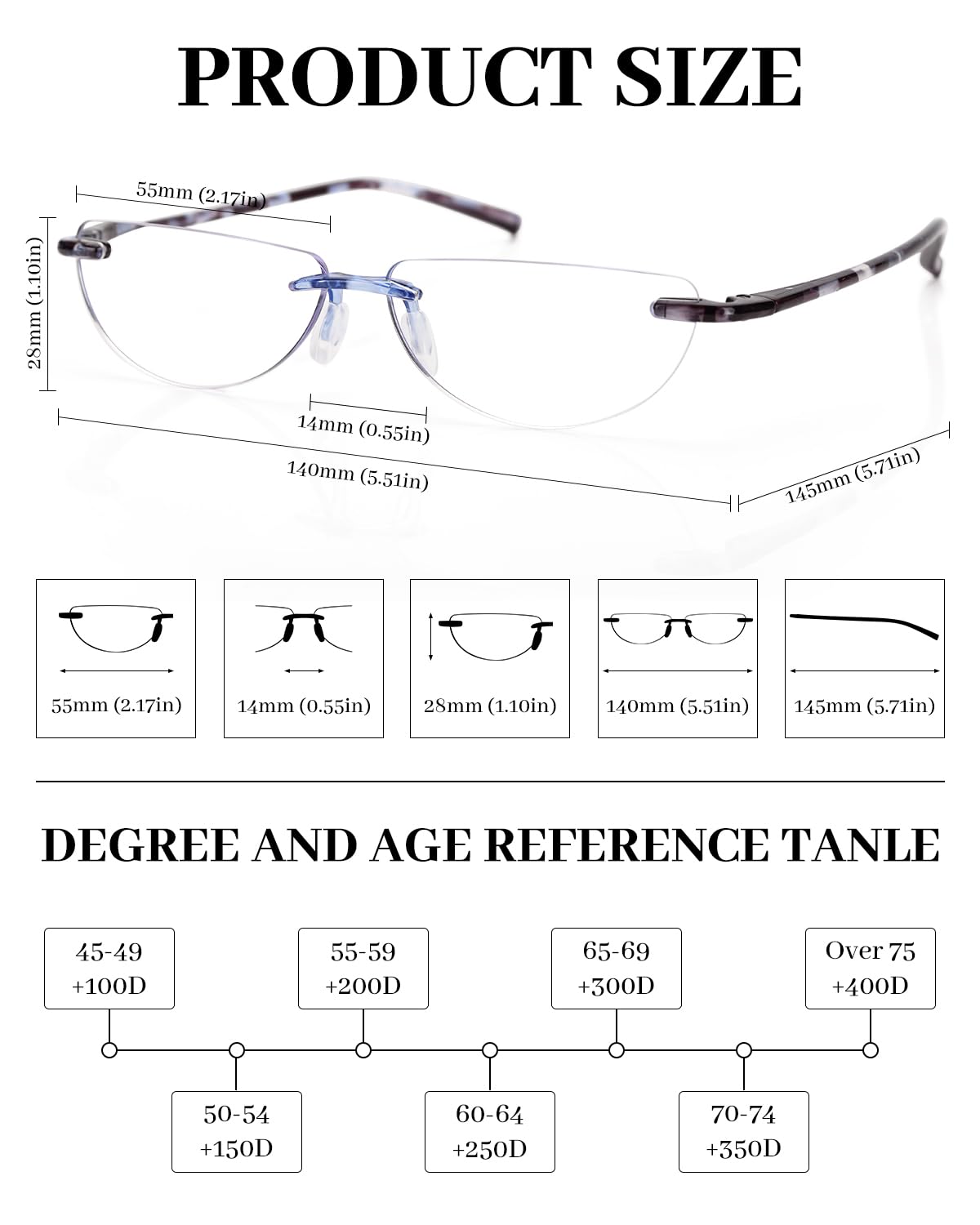 LUFF 3 Pack Half Reading Glasses for Women and Men Rimless Blue Light Reading Glasses Lightweight Half Moon Readers