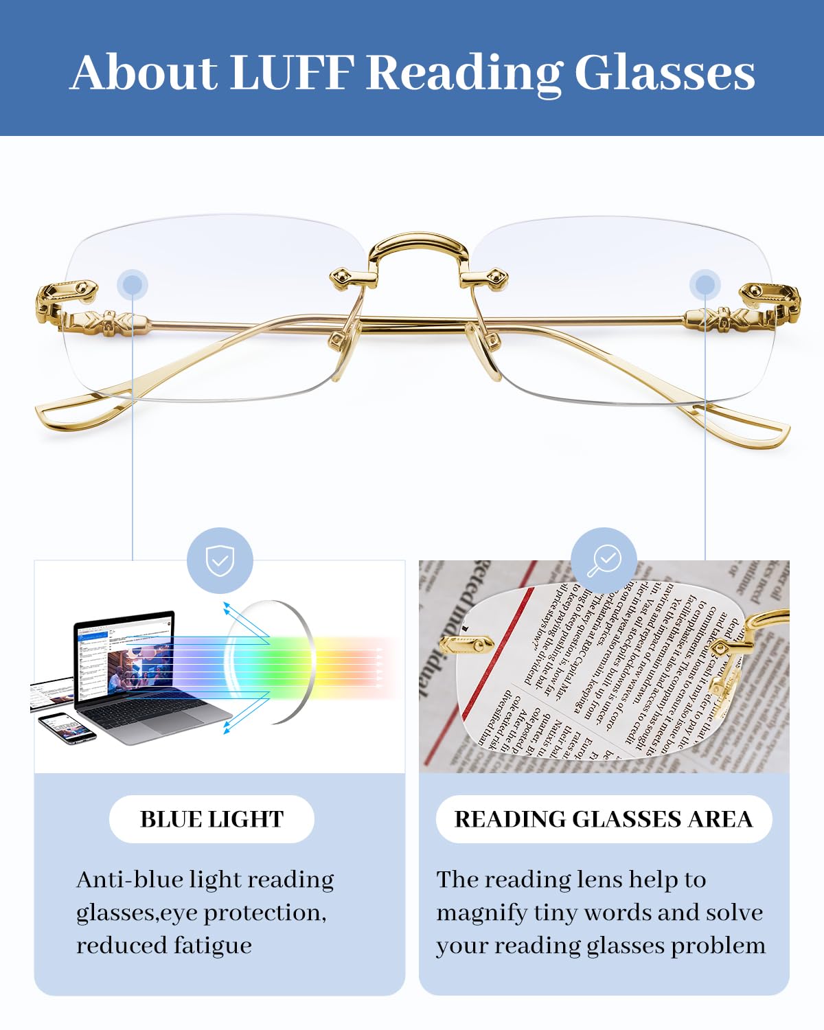 LUFF Reading Glasses Men Women,Rimless Mens Readers Blue Light Metal Computer Eyeglasses Anti-Eyestrain/Dryness/Glare(0.6oz)
