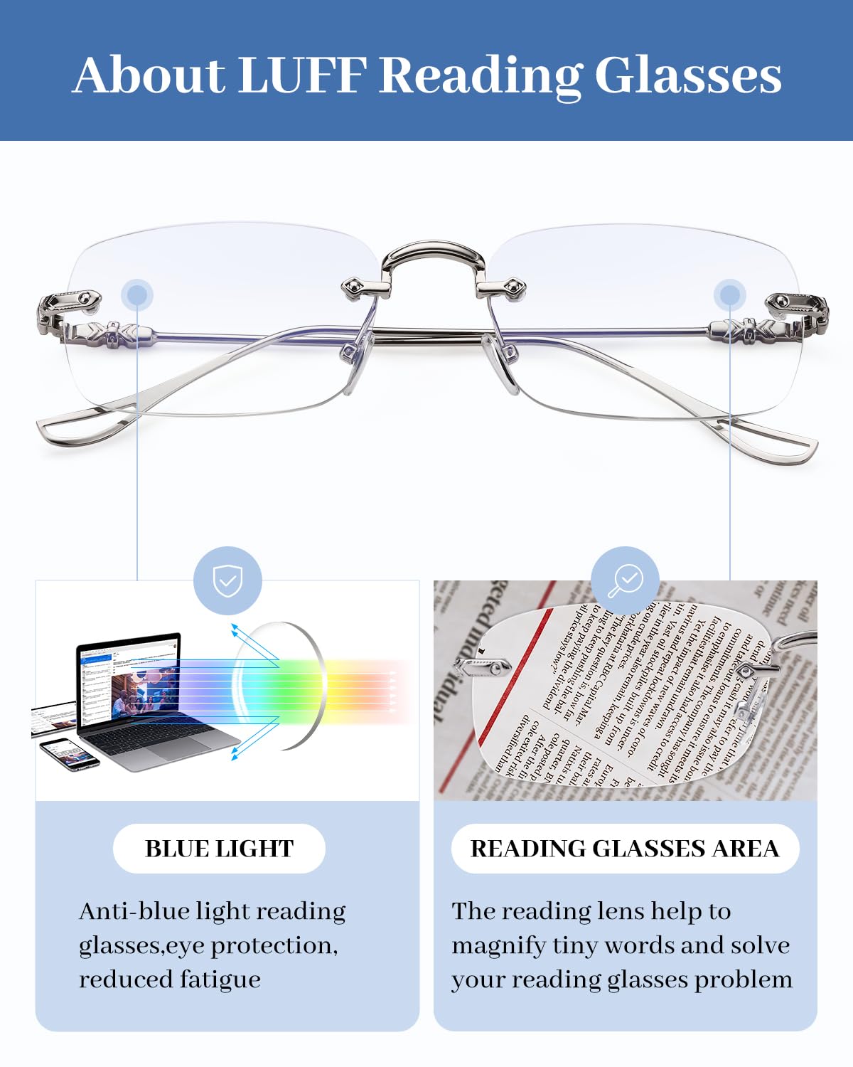 LUFF Reading Glasses Men Women,Rimless Mens Readers Blue Light Metal Computer Eyeglasses Anti-Eyestrain/Dryness/Glare(0.6oz)