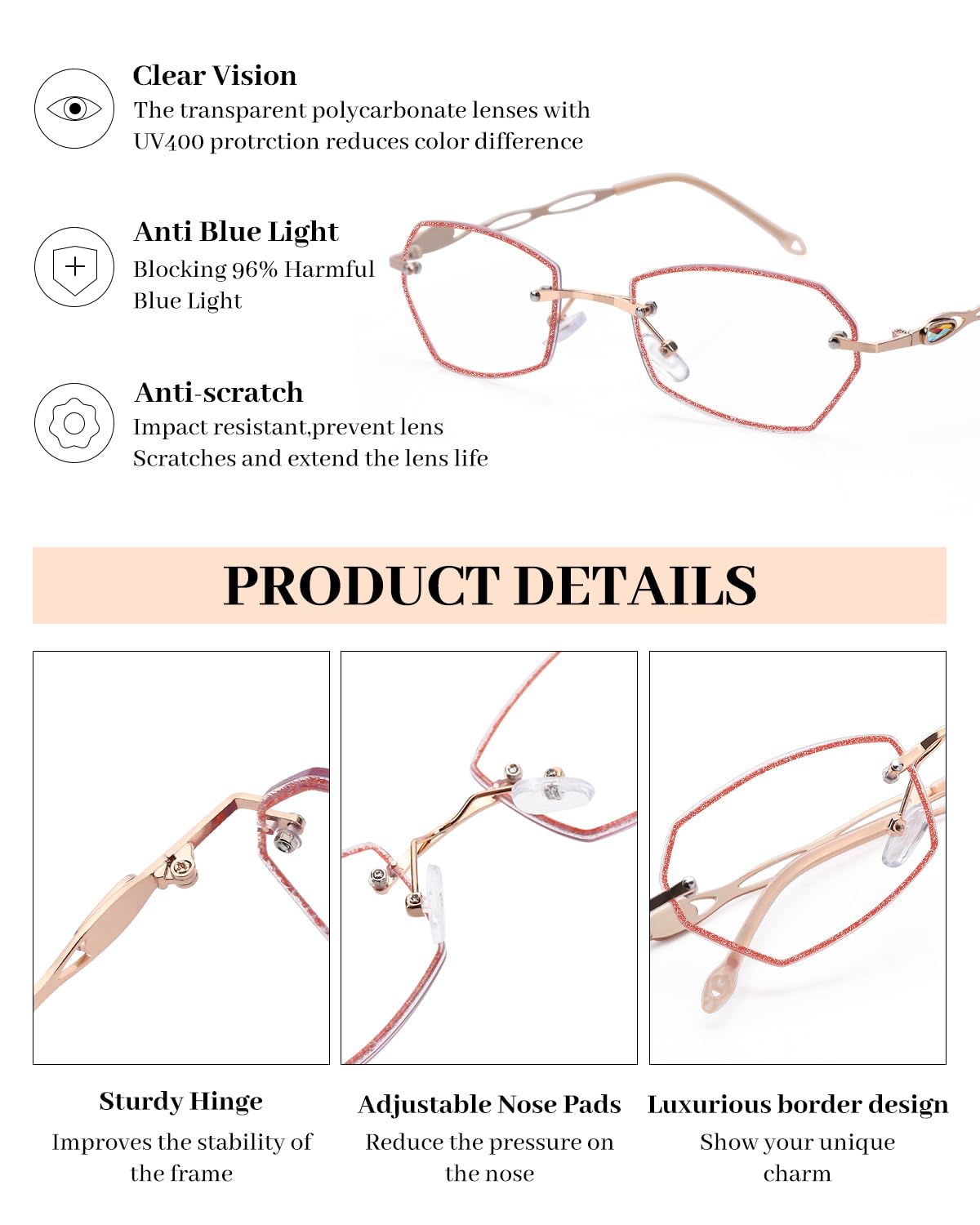 LUFF Rimless Reading Glasses for women men Blue light blocking lightweight metal classic computer readers Anti Eyestrain