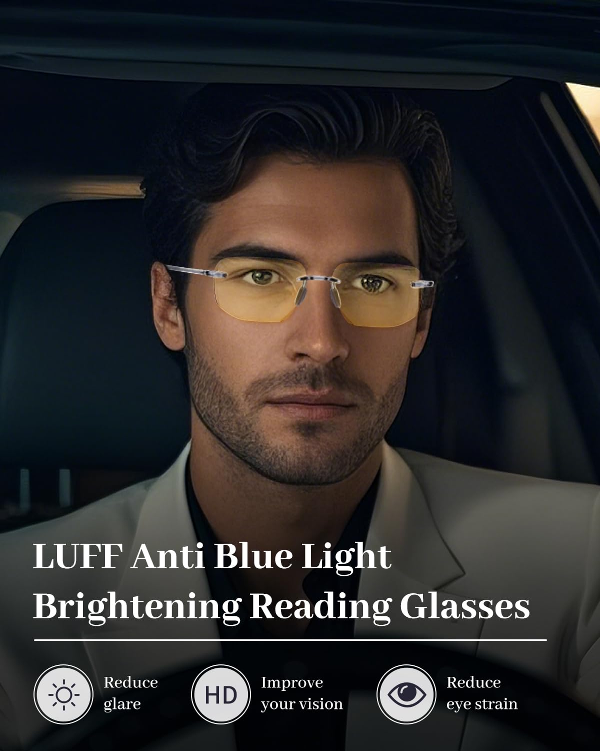 LUFF Blue Light Blocking Reading Glasses for Women Men,Readers Rimless Computer Yellow Lens Anti Glare Better Protection
