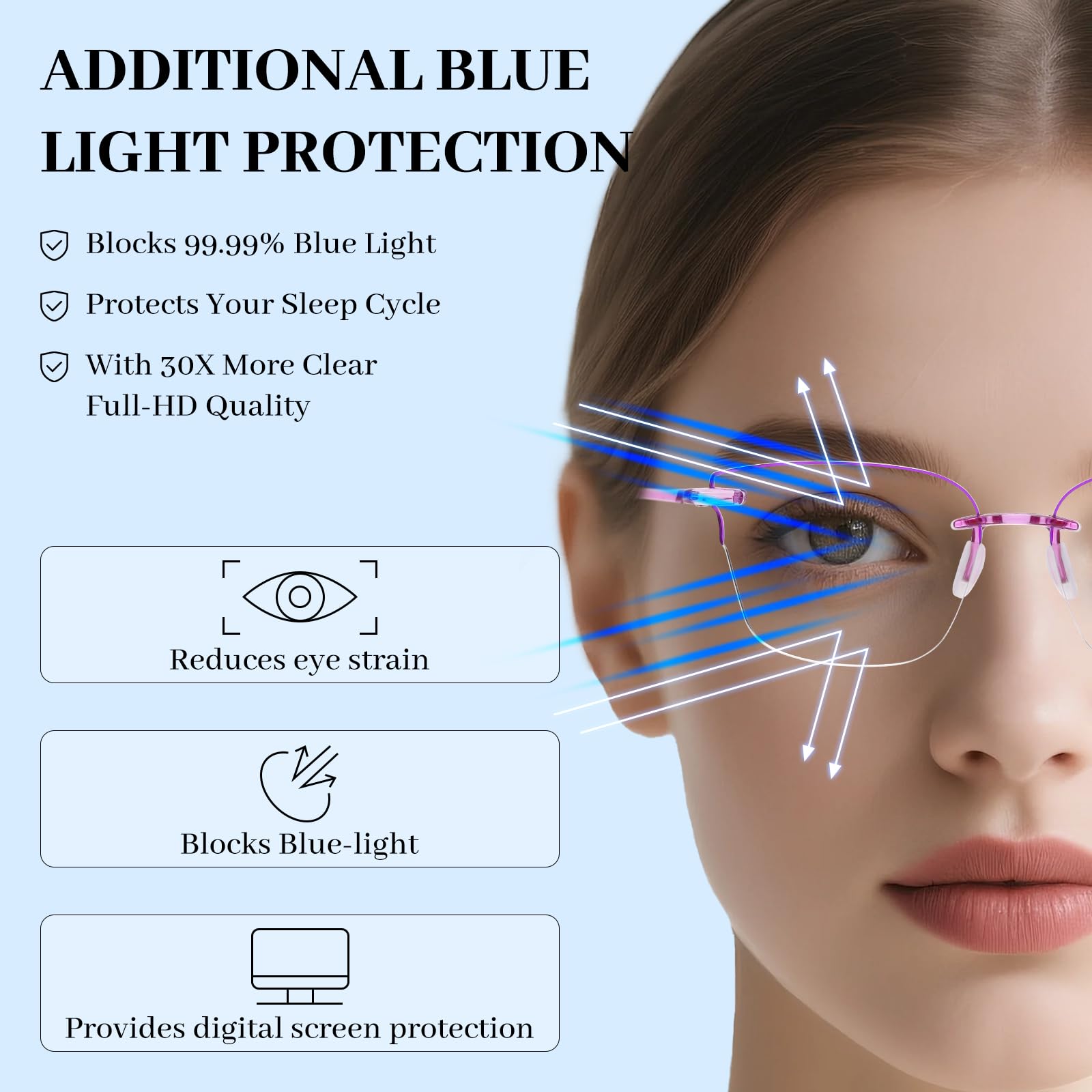 LUFF Cat-Eye Blue-Light Reading Glasses for Women, 3-Pack - Rimless Lightweight Comfort readers Integrated Silicone Nose Pads