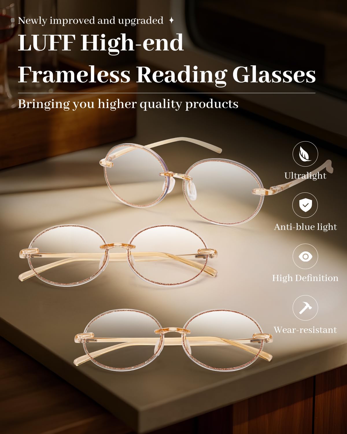 LUFF Reading Glasses for Women Men,3Pack Stylish Reader Glasses Blue Light Rimless Computer Reader Lightweight Anti Eyestrain