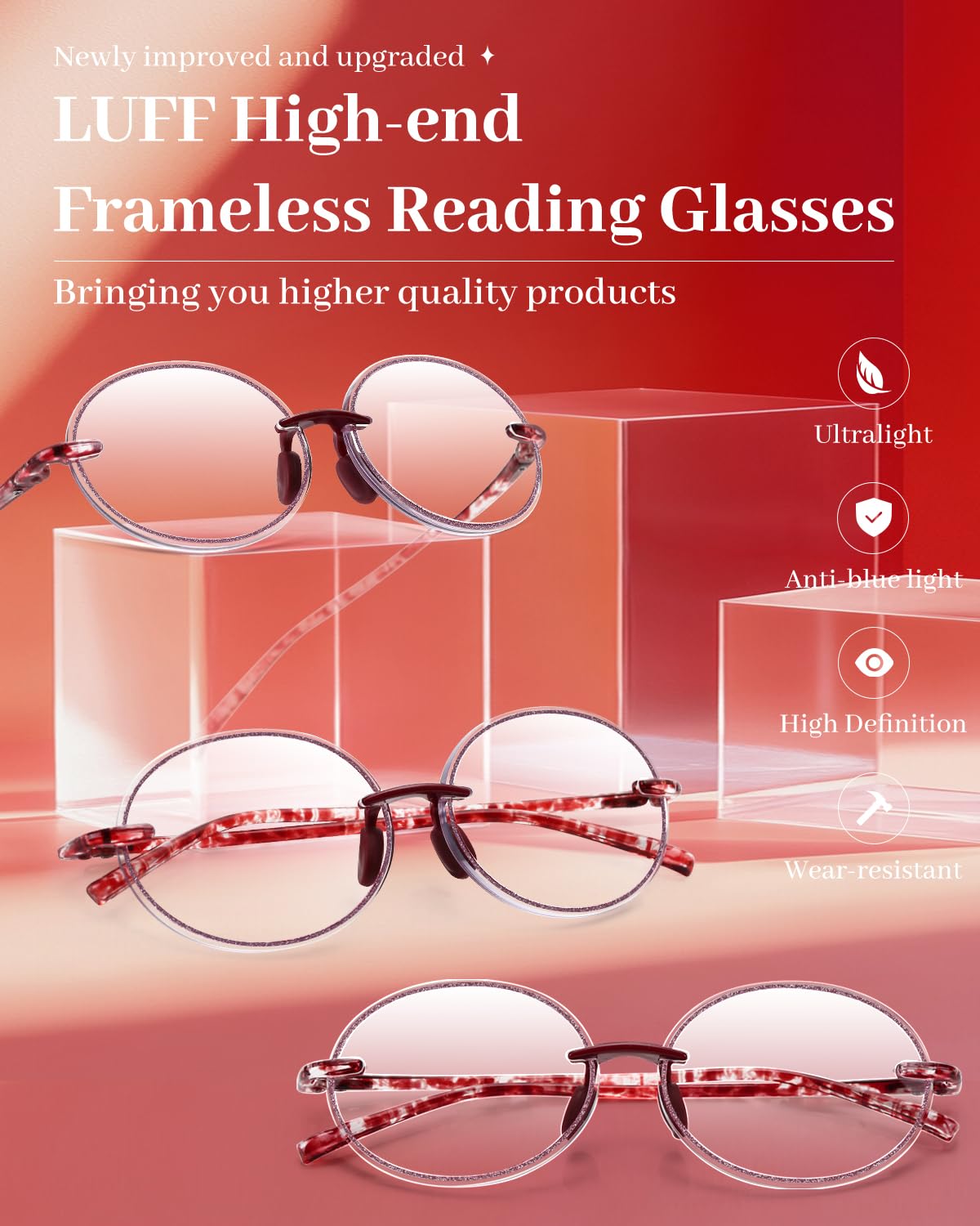 LUFF Reading Glasses for Women Men,3Pack Stylish Reader Glasses Blue Light Rimless Computer Reader Lightweight Anti Eyestrain