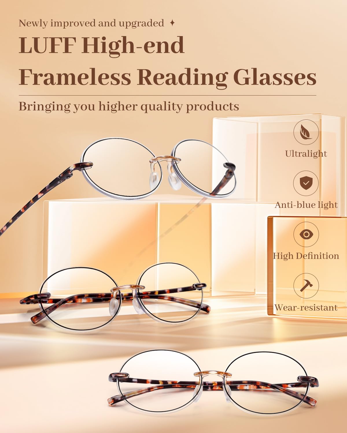 LUFF Reading Glasses for Women Men,3Pack Stylish Reader Glasses Blue Light Rimless Computer Reader Lightweight Anti Eyestrain