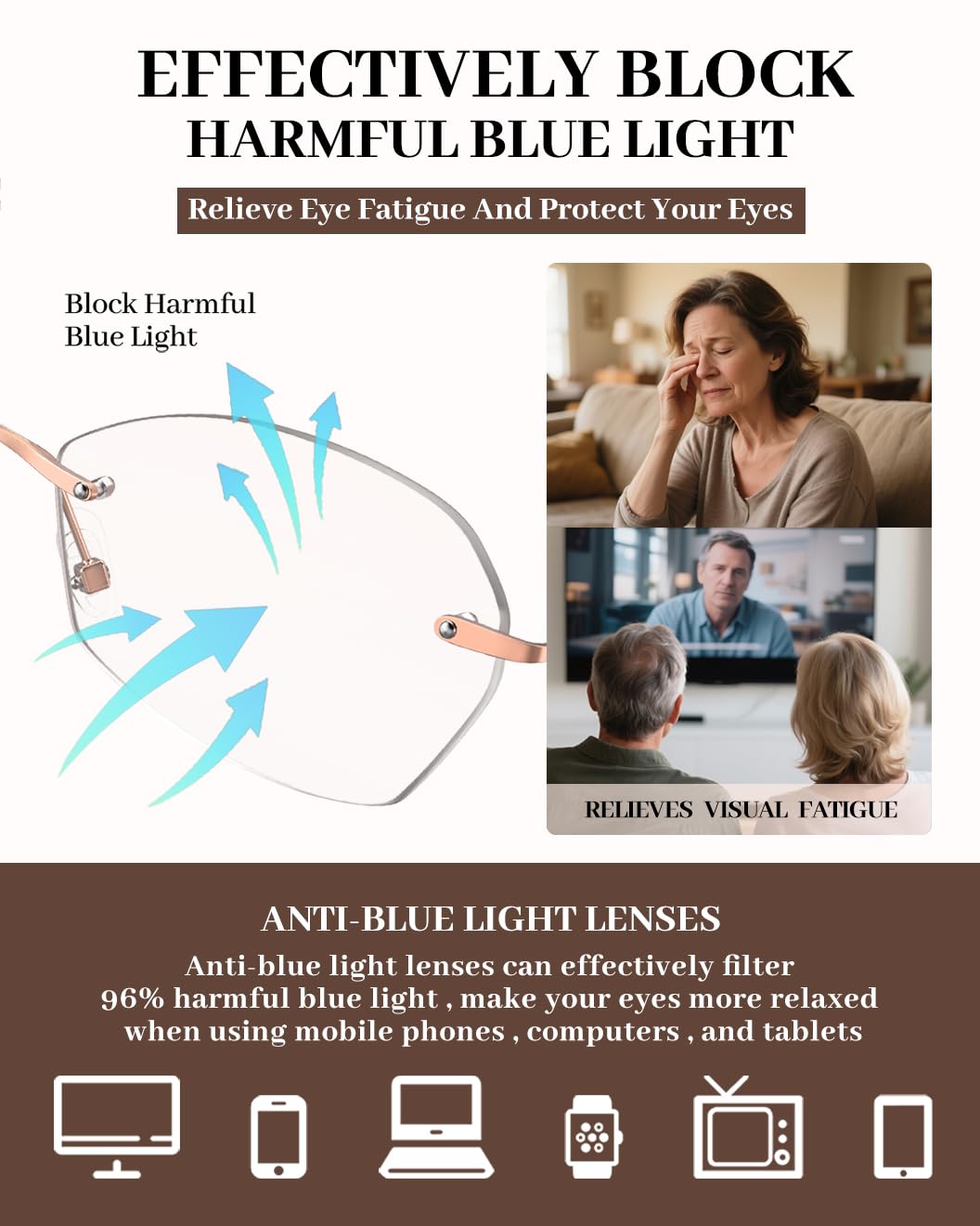 LUFF Rimless Reading Glasses for women men Blue light blocking lightweight metal classic computer readers Anti Eyestrain