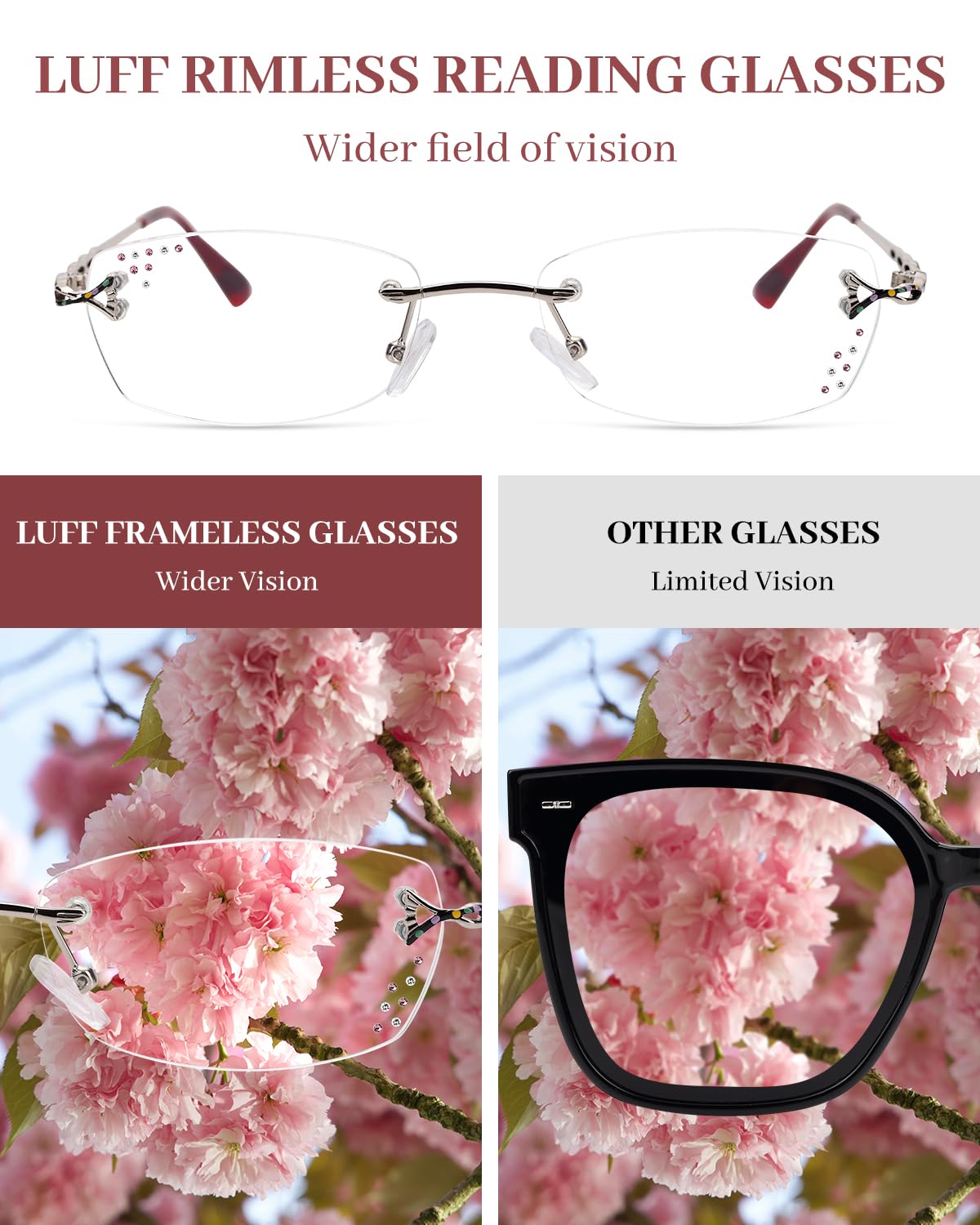 LUFF Rimless Reading Glasses for Women, Fashion Diamond Cutting Frameless Glasses,Stylish Ultra-light Metal Frameless